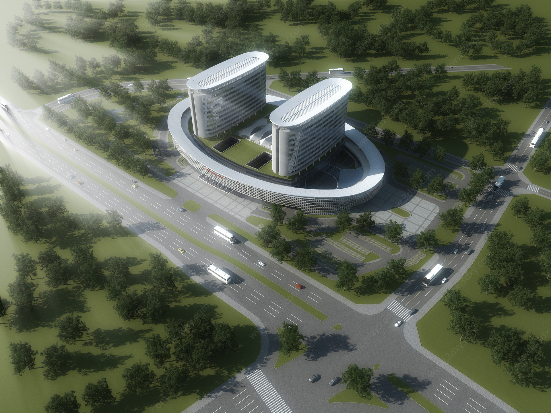 现代办公楼医院鸟瞰规划3D模型