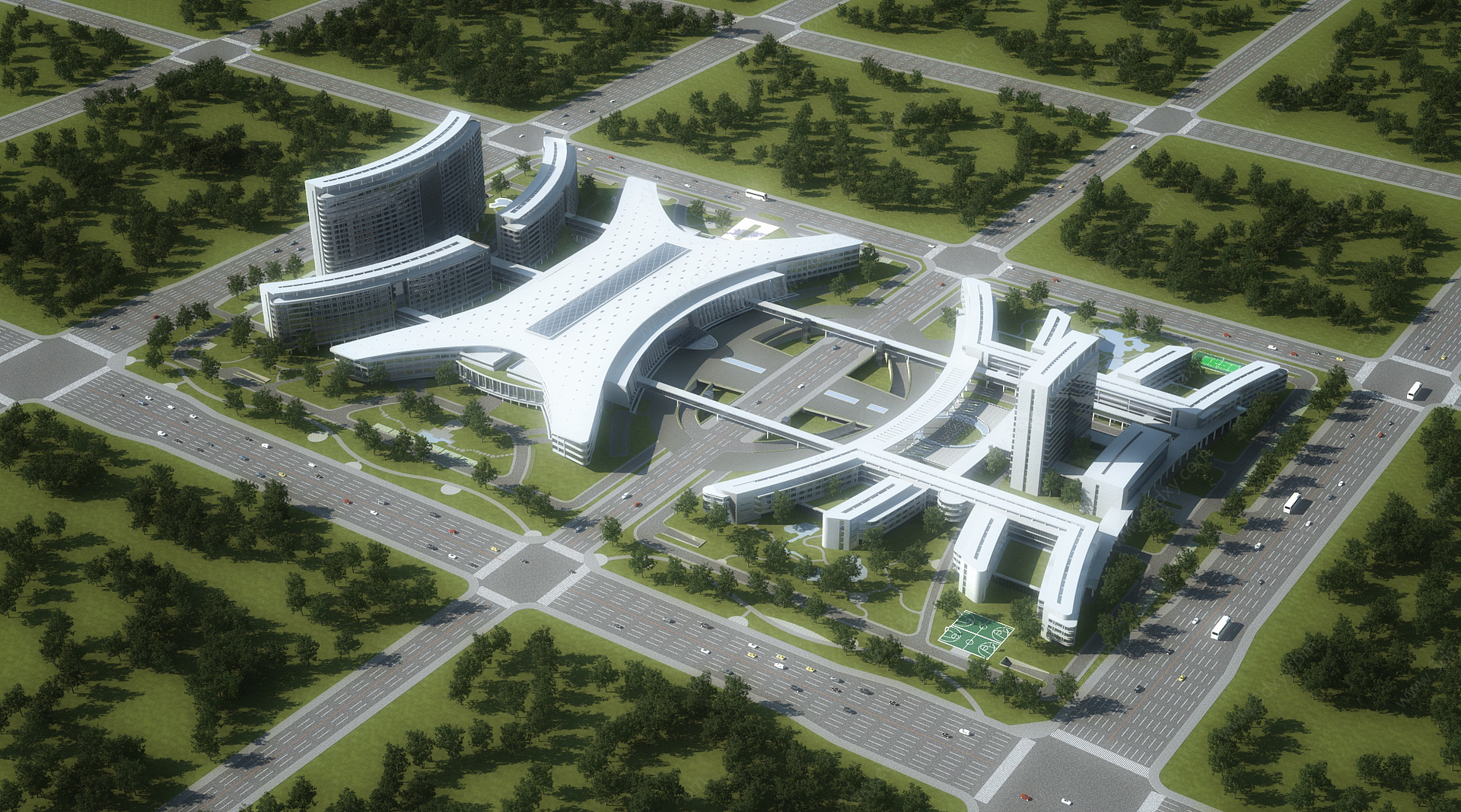 办公楼医院建筑鸟瞰规划3D模型