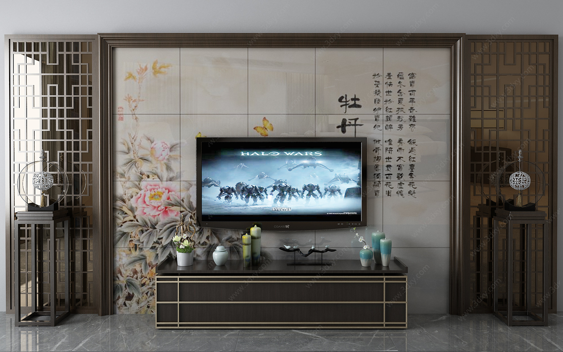 传统中式电视墙3D模型