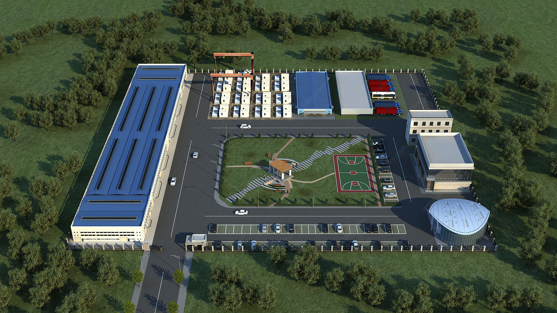 现代化工厂厂房鸟瞰规划3D模型