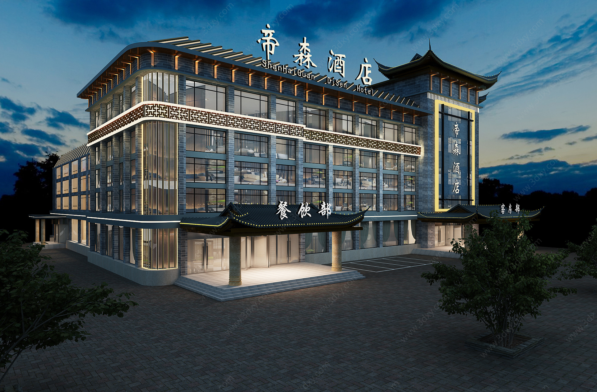 新中式酒店外观3D模型