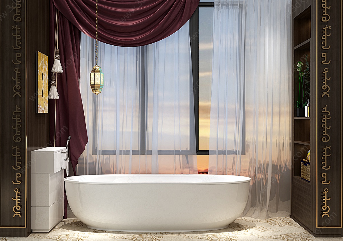 现代浴缸窗帘蒙古花纹组合3D模型