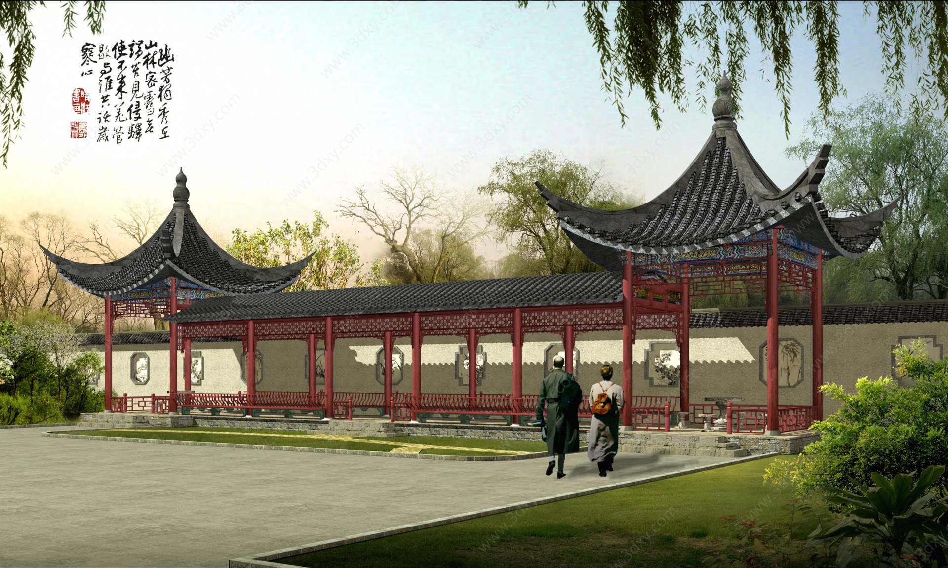 中式景观长廊3D模型