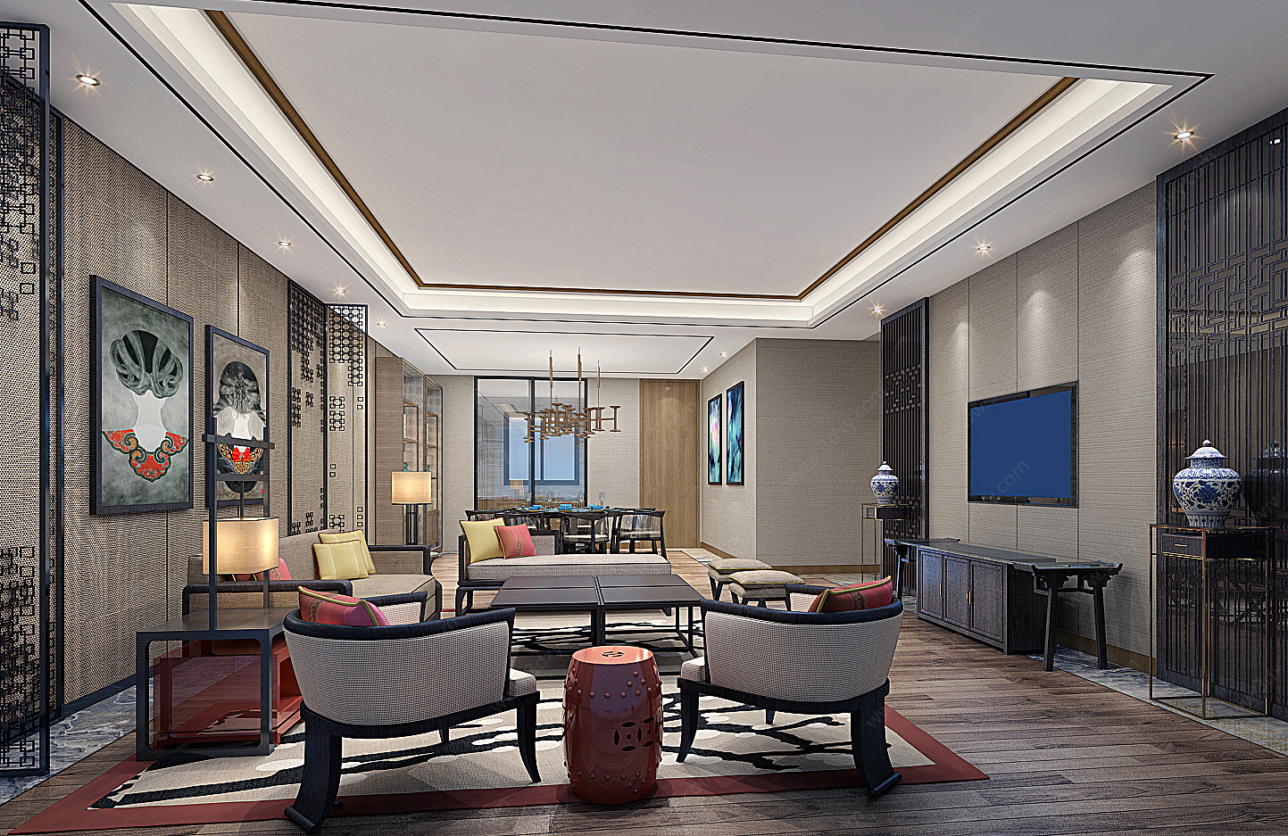 新中式客厅新中式沙发茶几3D模型