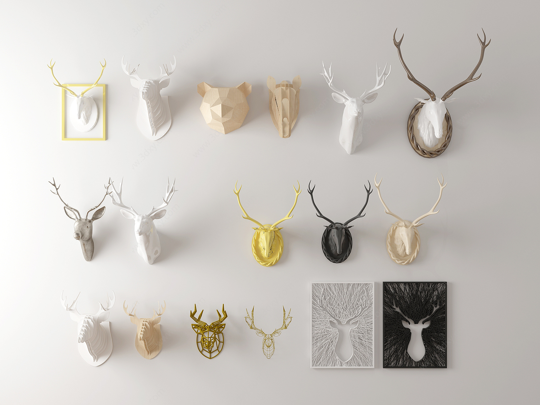 动物墙饰鹿头牛头3D模型