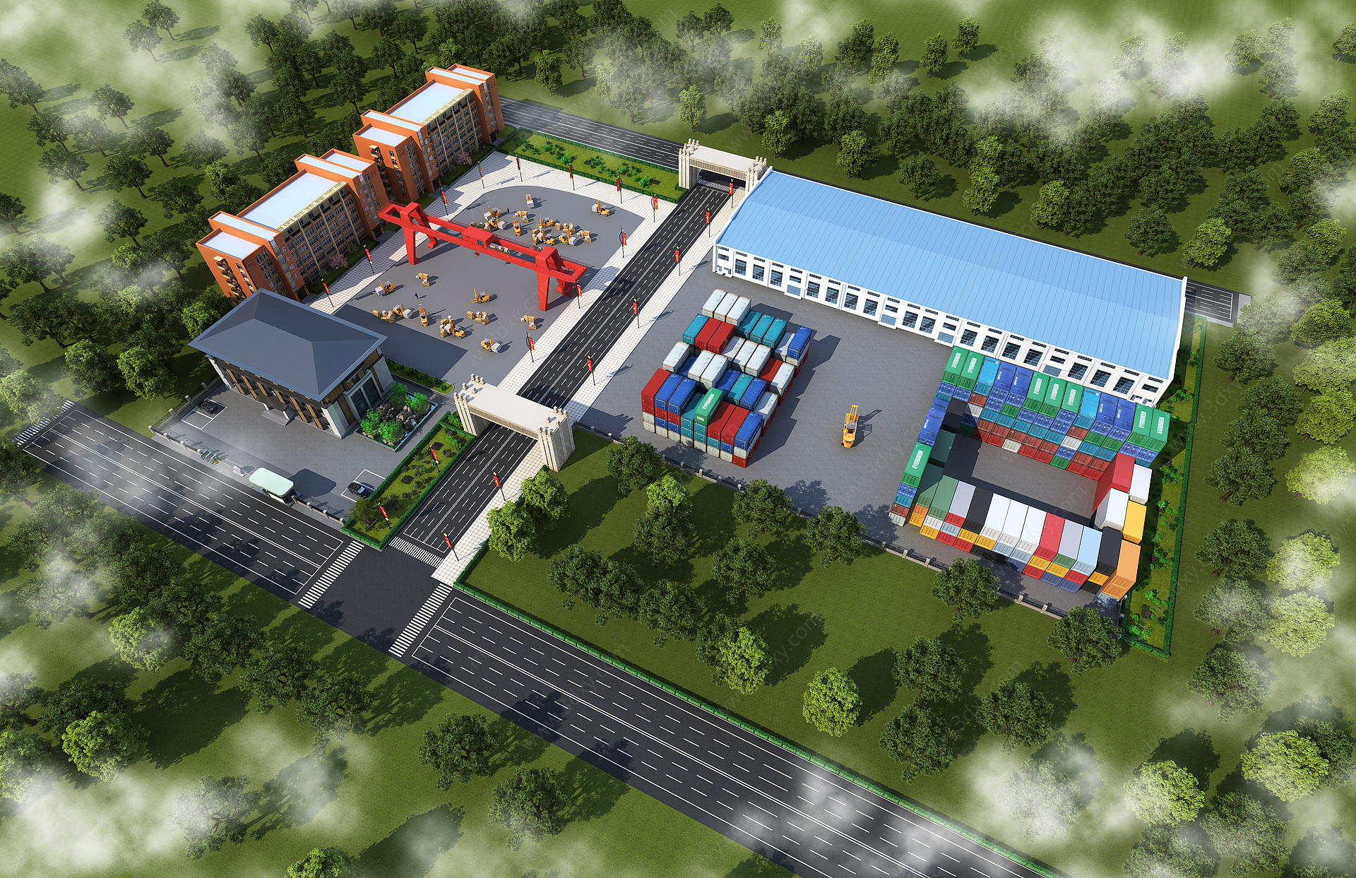 现代工厂鸟瞰宿舍楼货场3D模型