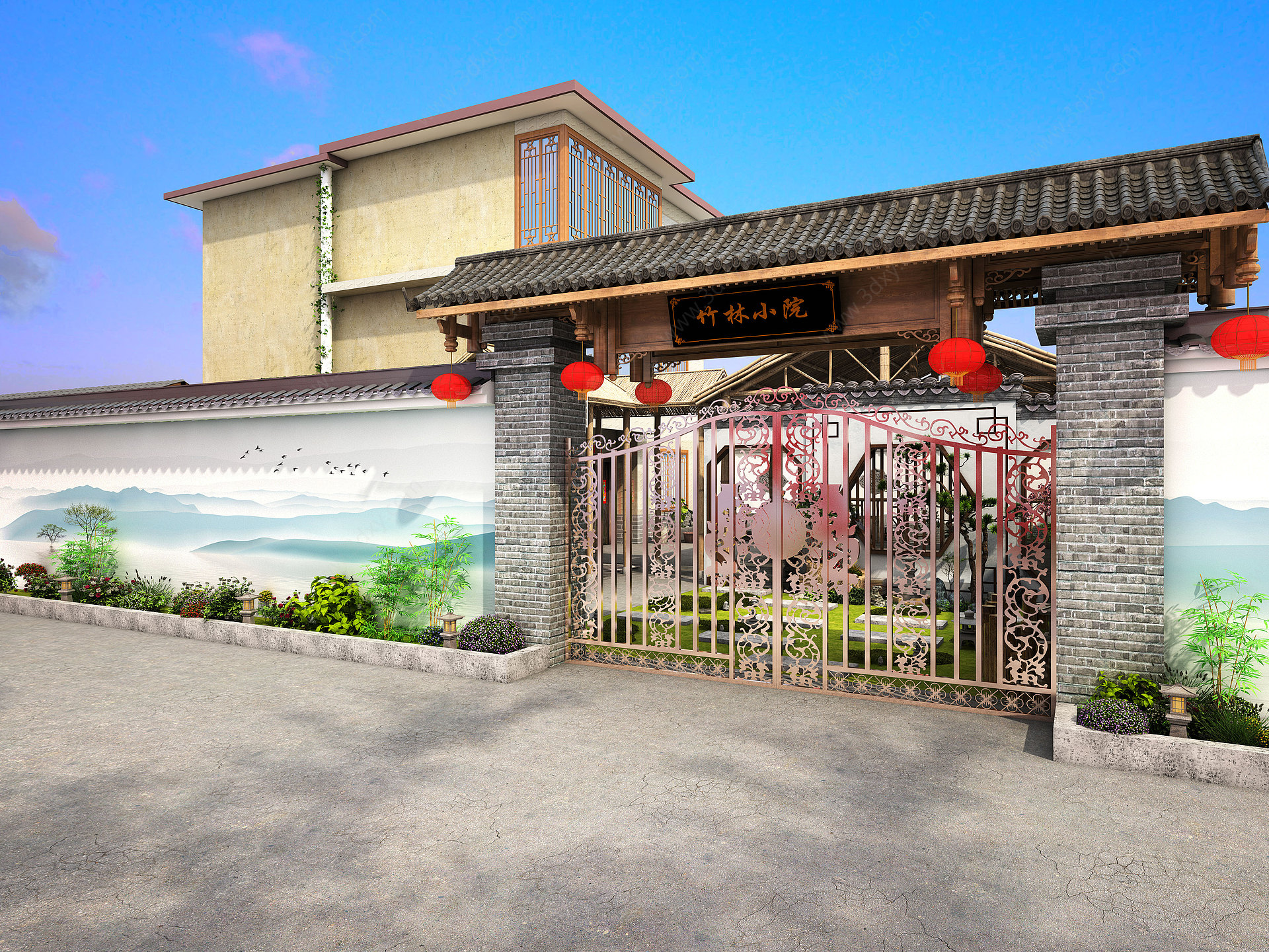 中式农家乐门头墙绘3D模型