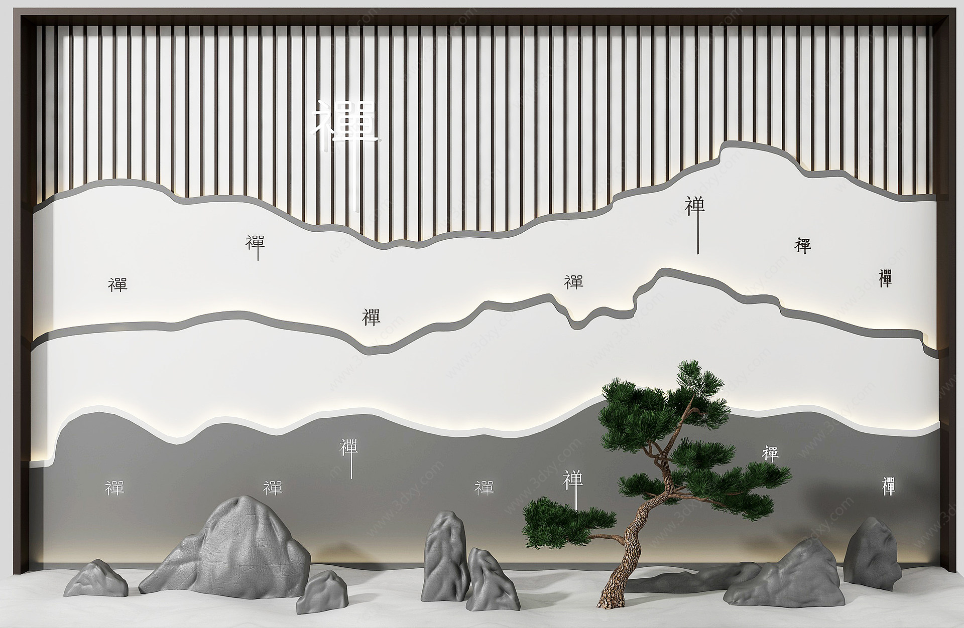 山水松树园艺景观背景墙3D模型