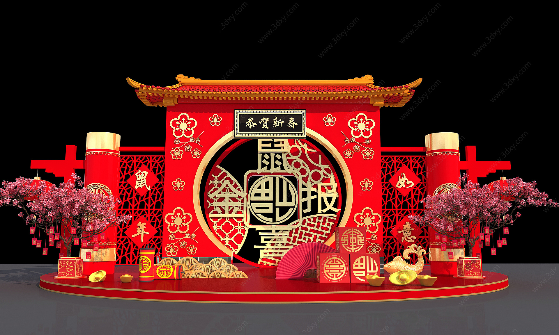 新中式新年美陈春节布置3D模型