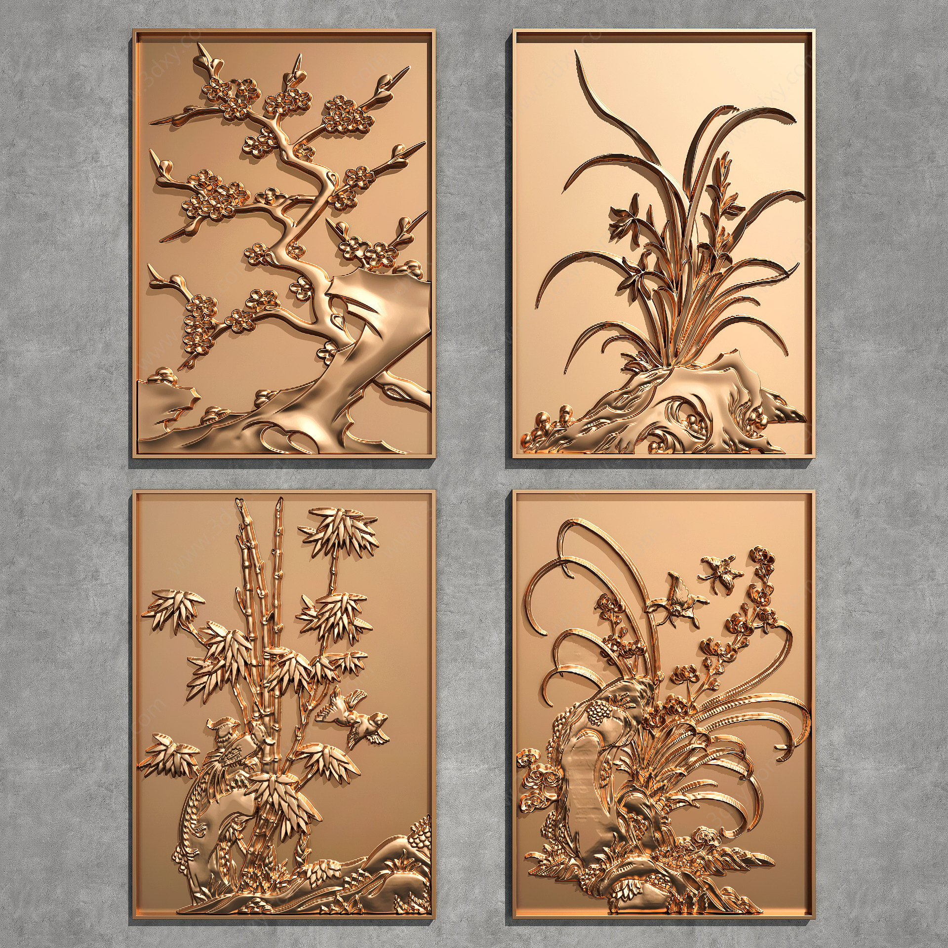 梅兰竹菊植物铜雕浮雕3D模型
