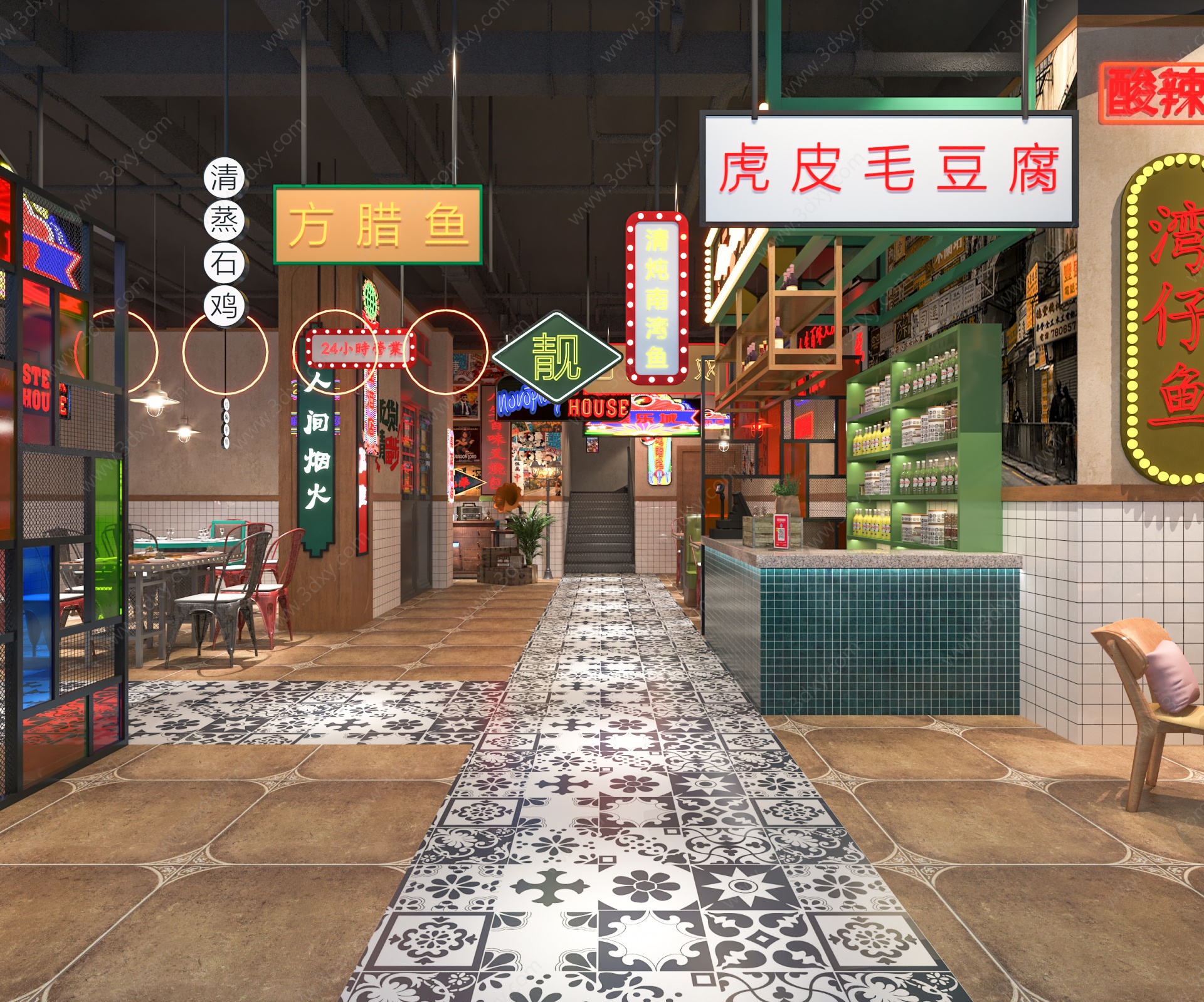 工业风港式复古茶餐厅3D模型