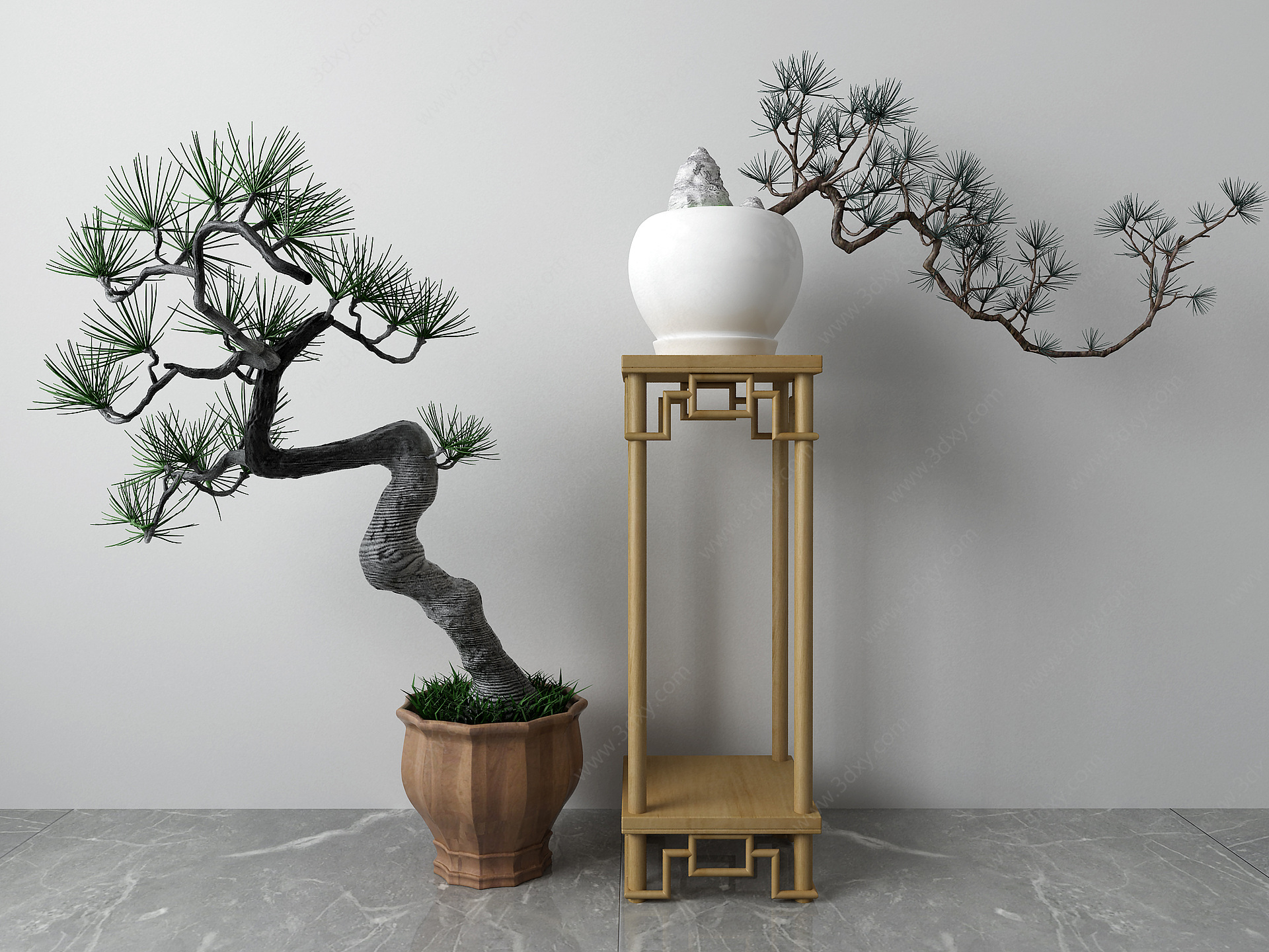 新中式盆栽花几松树3D模型