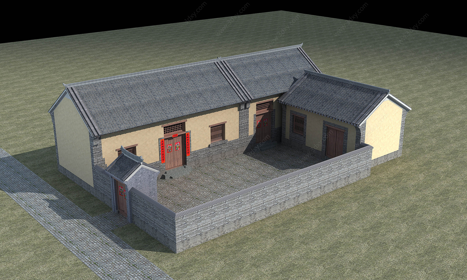 农村二合院古建筑外观3D模型