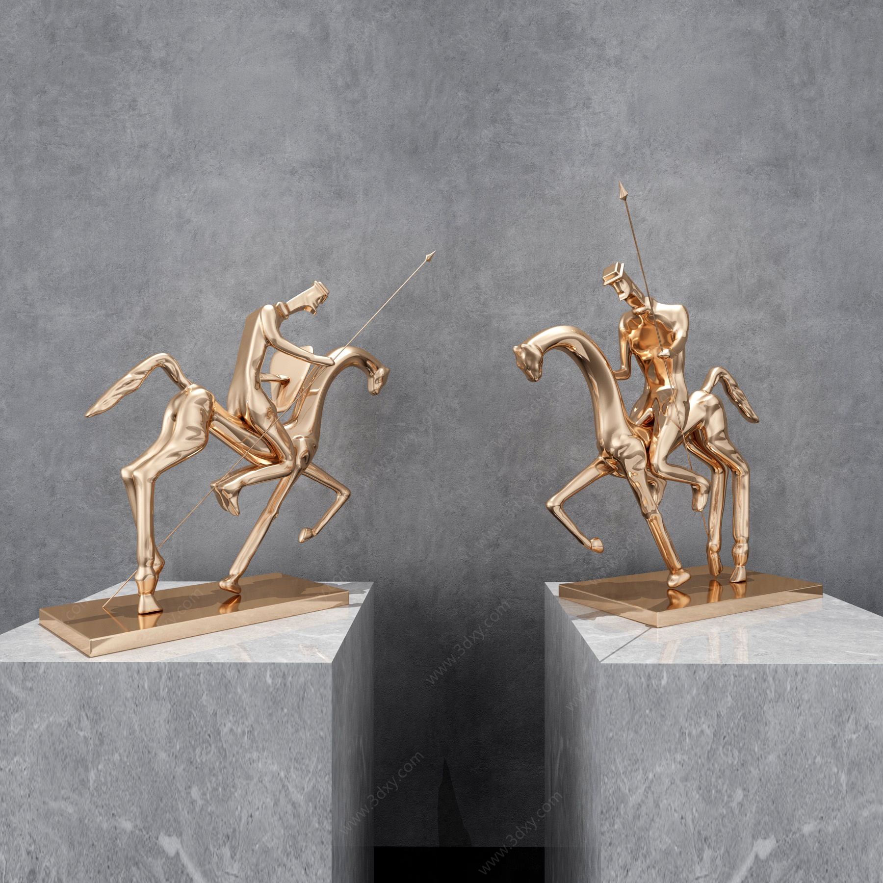 现代金属骑士雕塑摆件组合3D模型