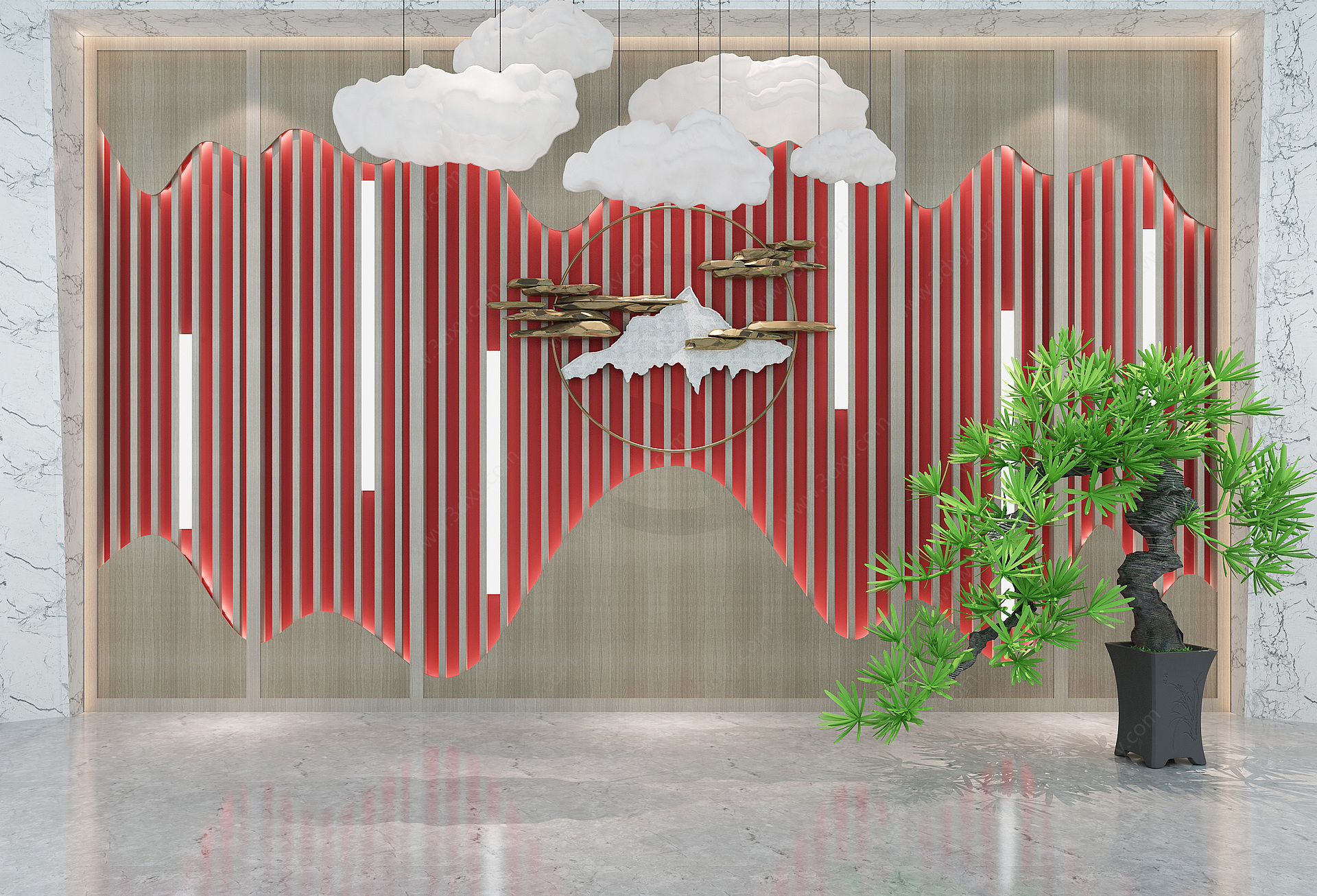 新中式墙饰墙绘背景墙3D模型