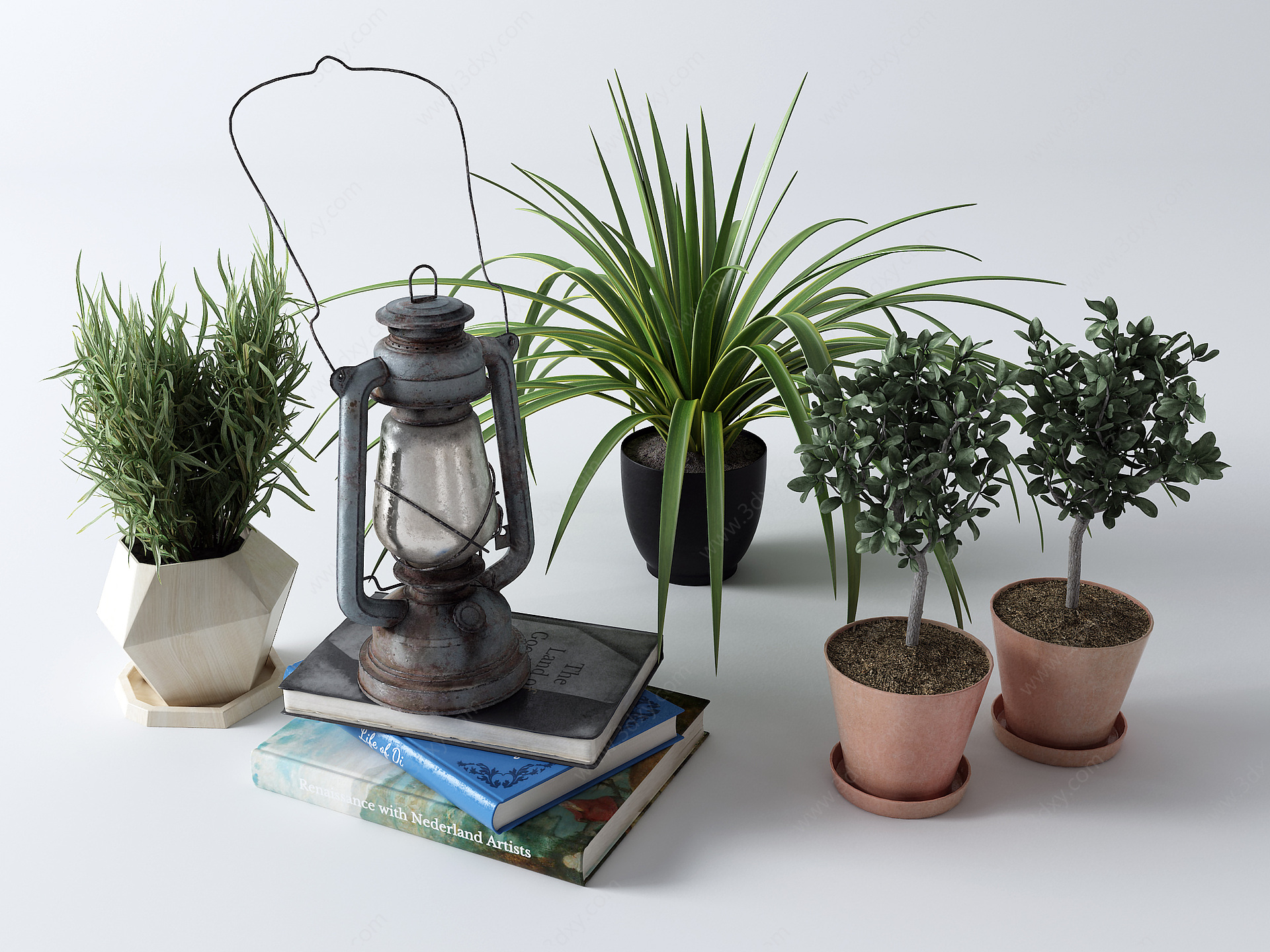 现代盆栽煤油灯书籍3D模型
