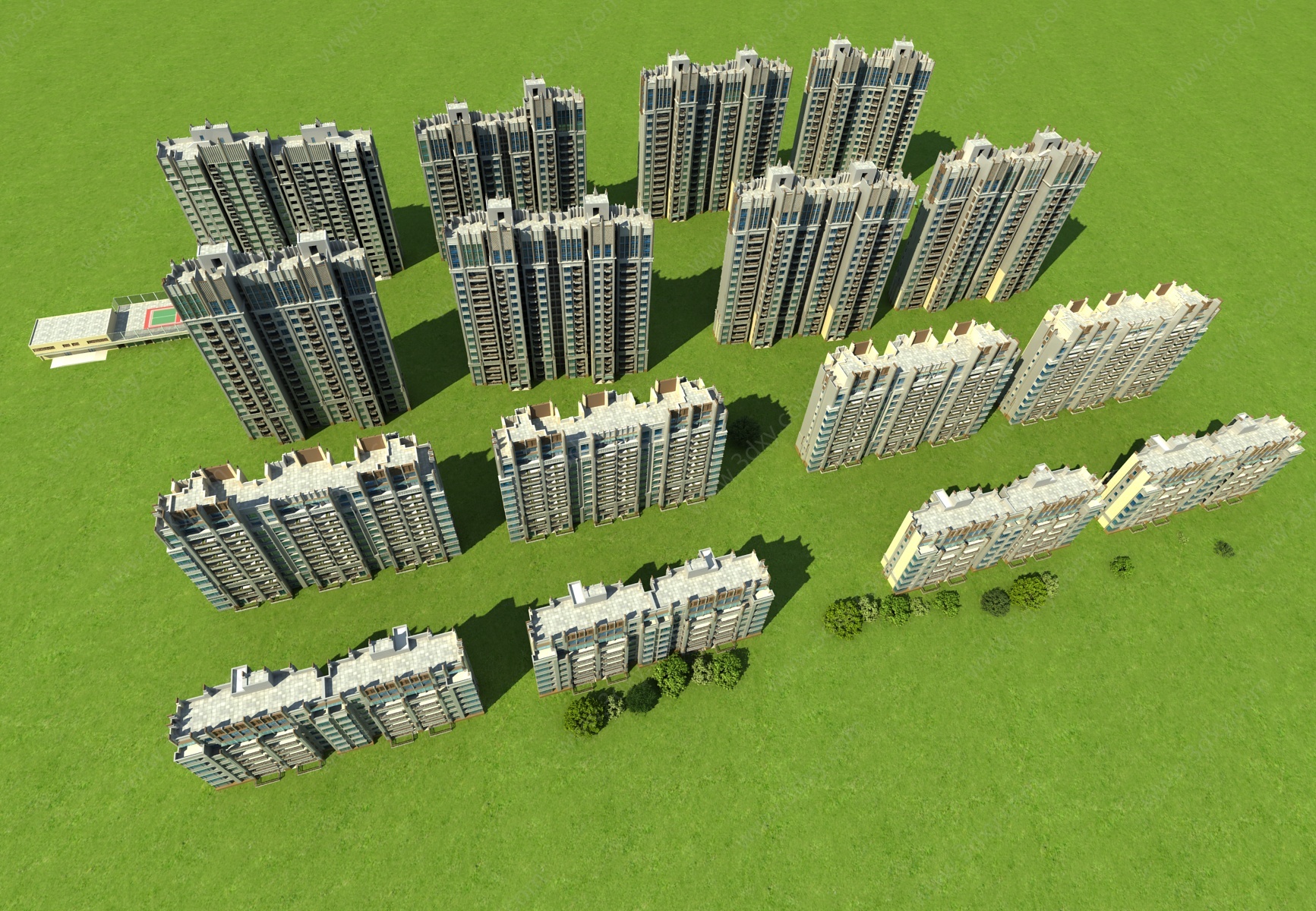 现代鸟瞰规划小区楼房3D模型