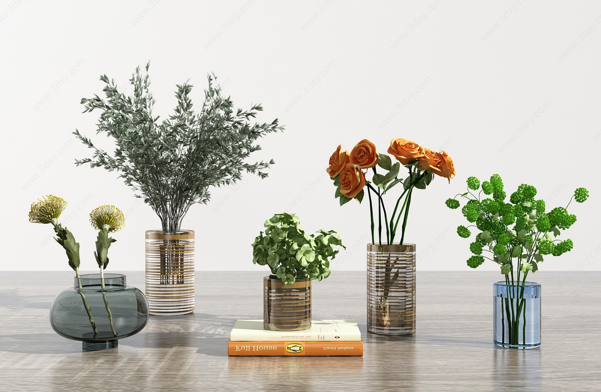 兄弟玻璃花瓶花卉组合3D模型