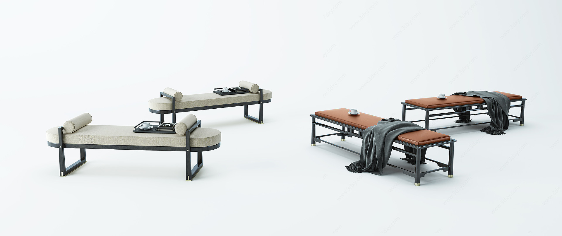 新中式床尾凳换鞋凳组合3D模型