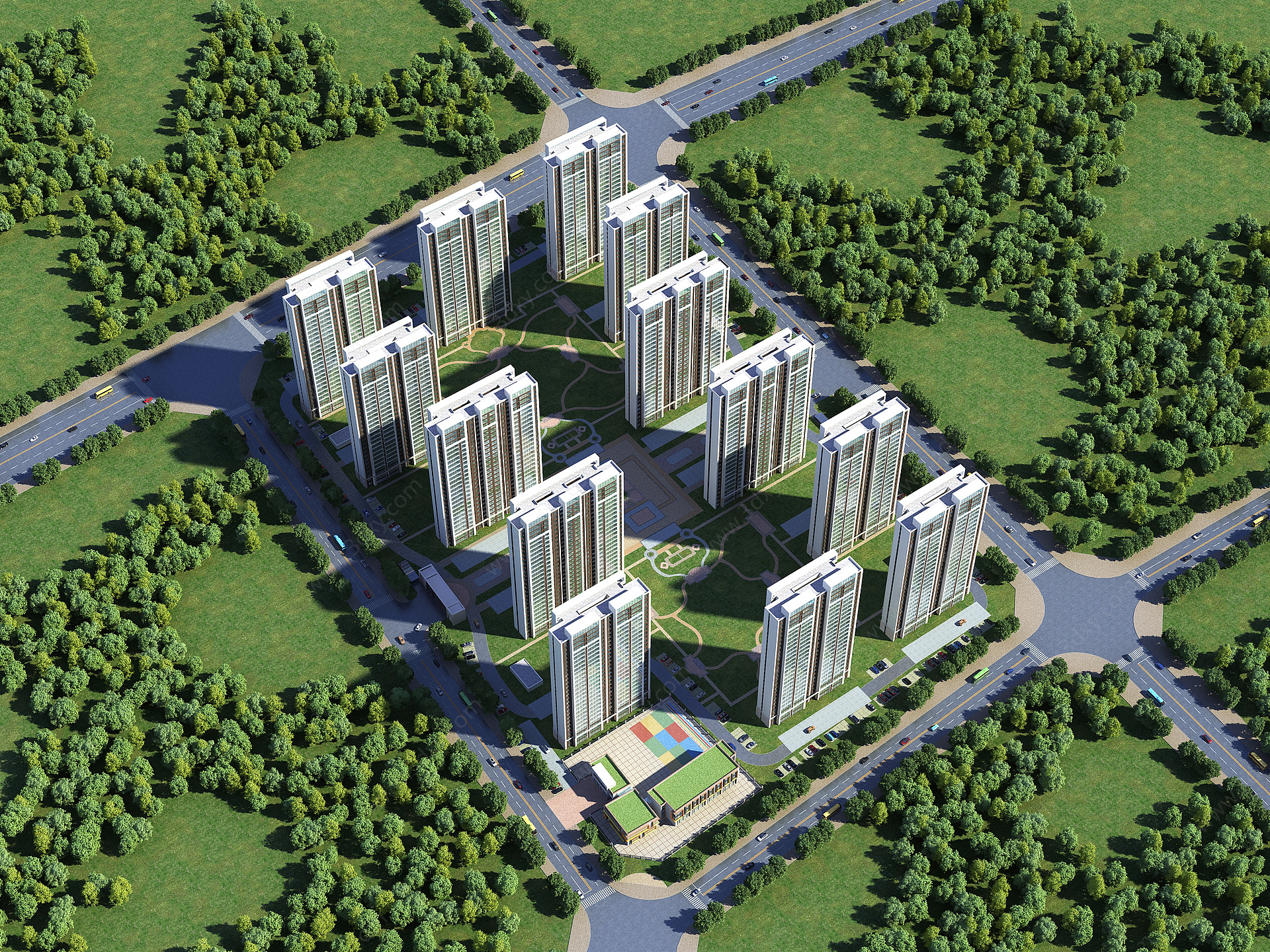 现代住宅小区鸟瞰楼盘绿植3D模型
