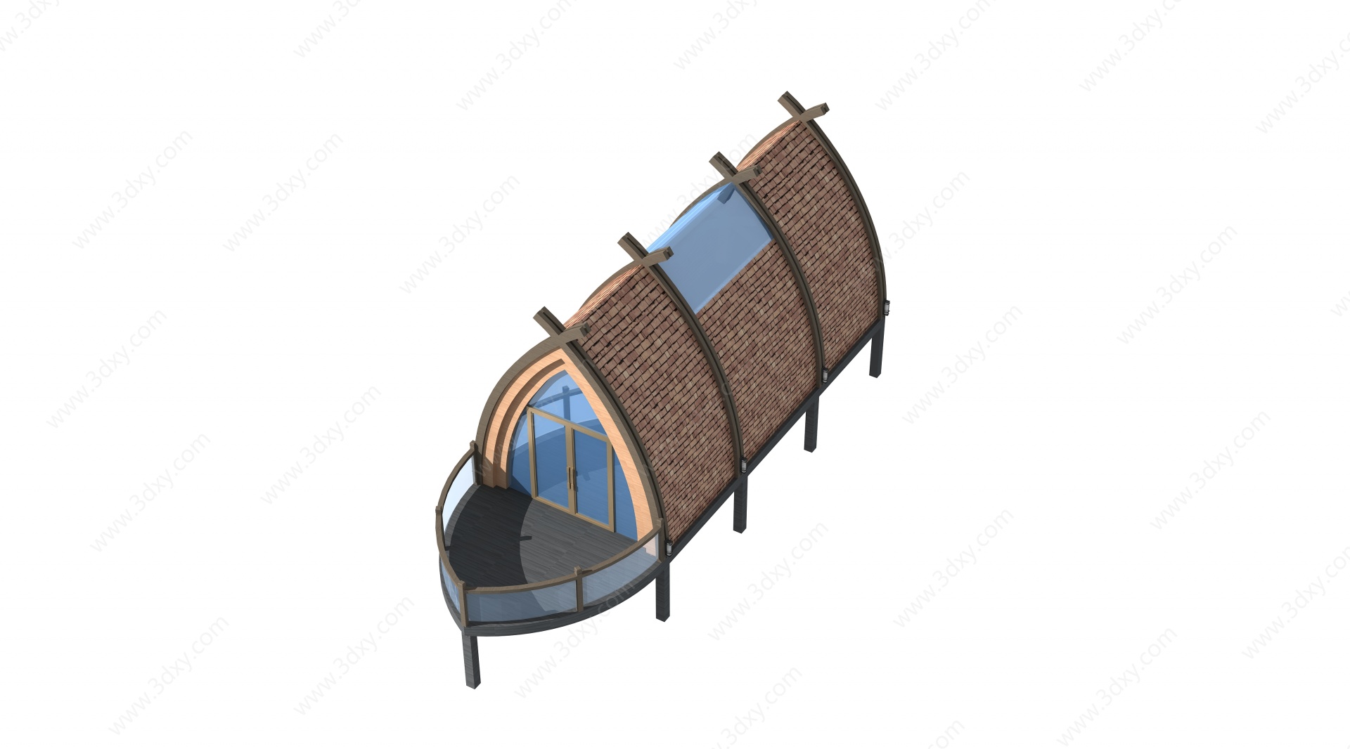 现代异形水景船屋木屋水车3D模型