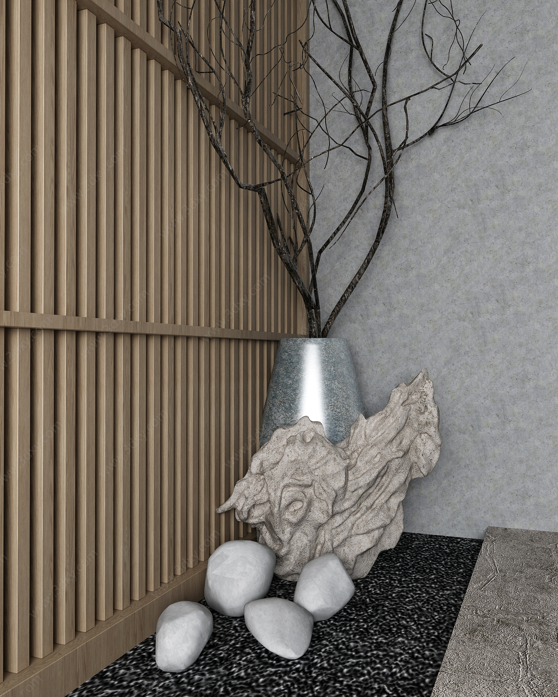 新中式石雕枝干摆件组合3D模型