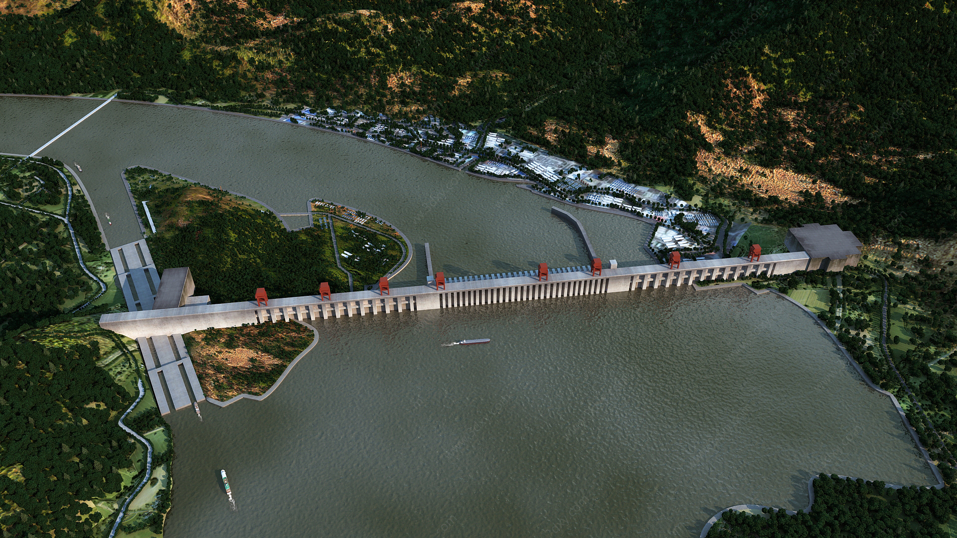 现代三峡水坝鸟瞰3D模型
