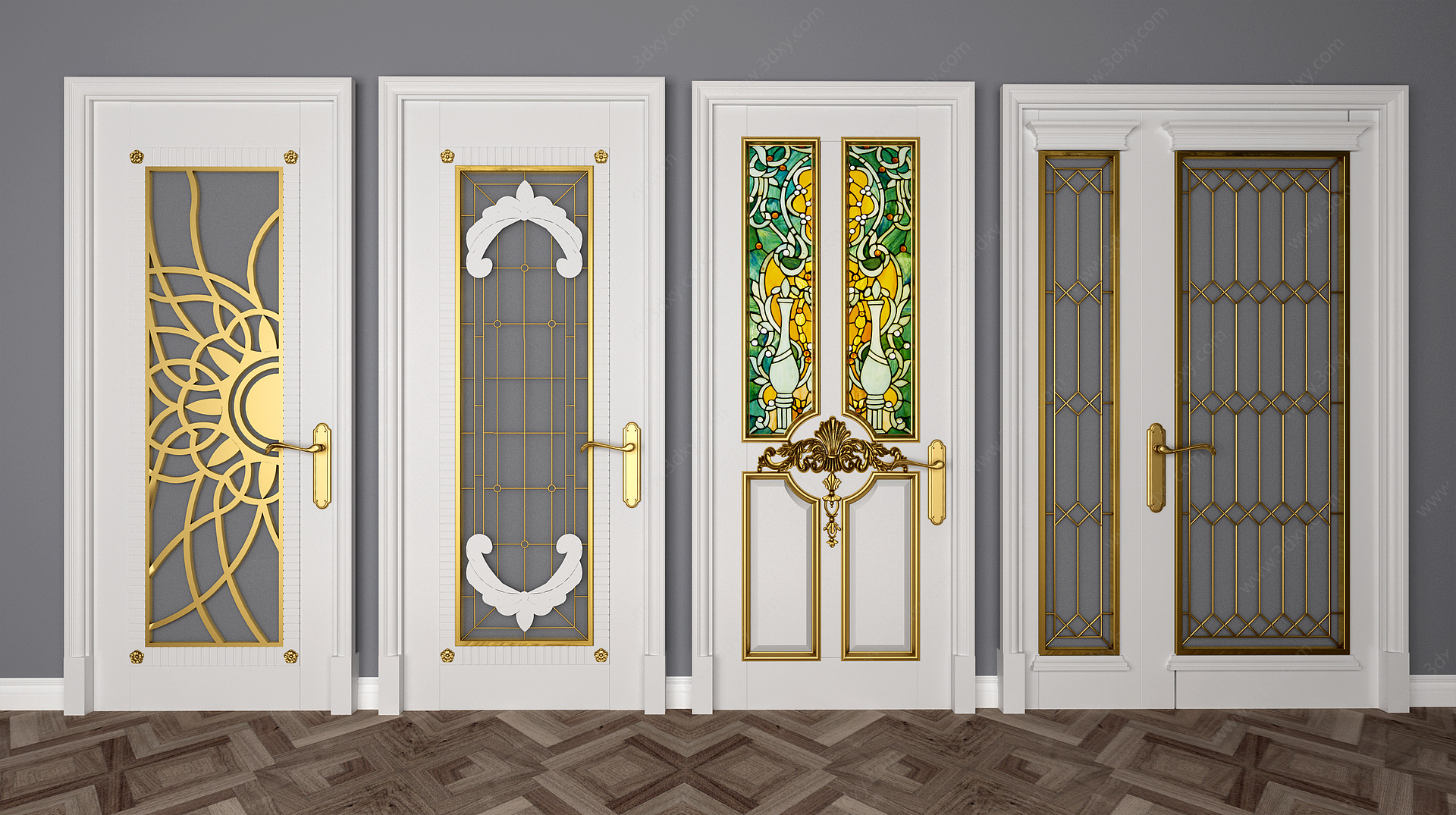 法式白色烤漆房门双开门3D模型