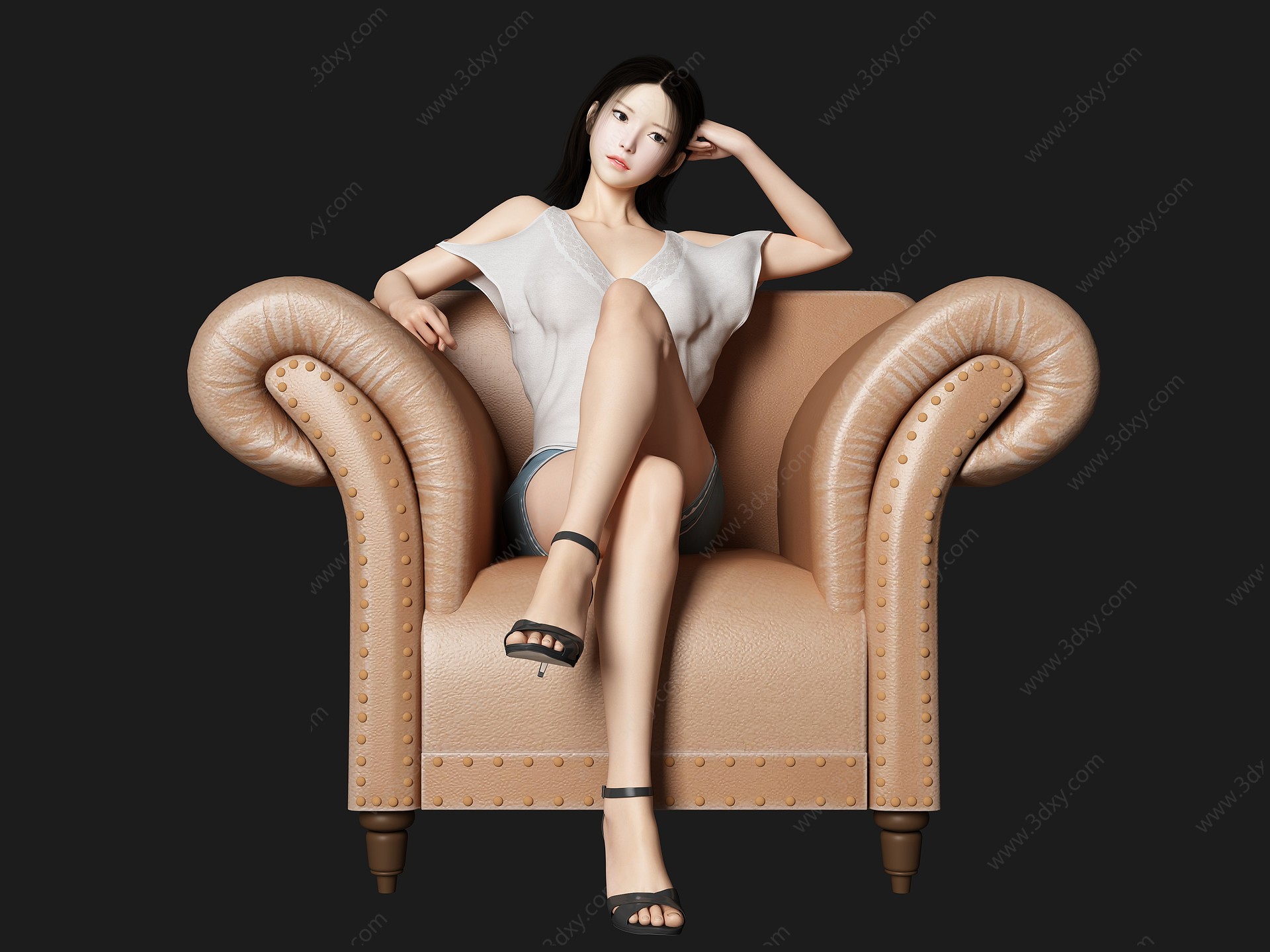 沙发美女跷二郎腿坐姿人物3D模型