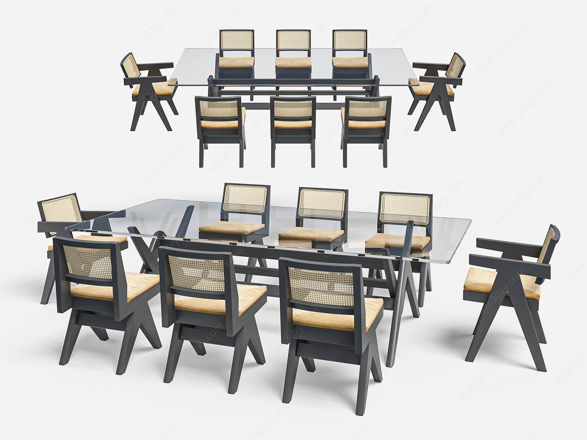 现代8人长桌玻璃桌餐桌椅3D模型