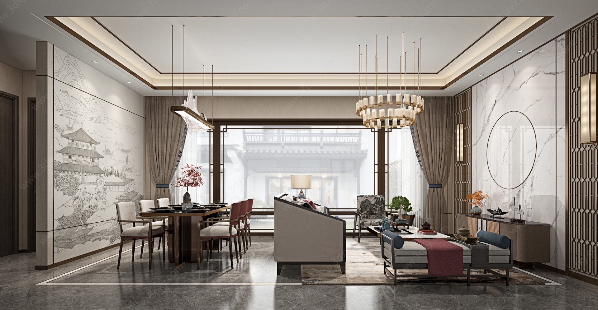 新中式大户型客厅客餐厅3D模型