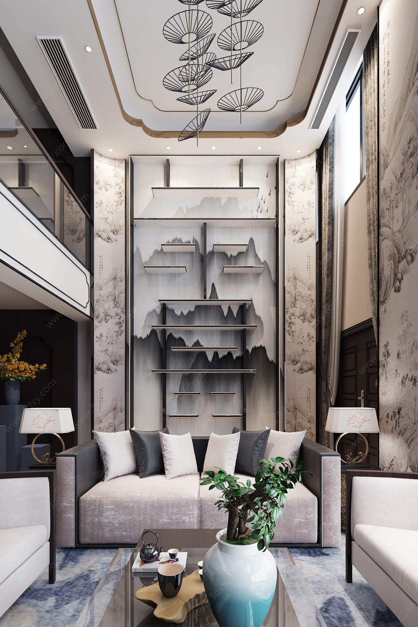 新中式别墅挑高豪华客厅3D模型
