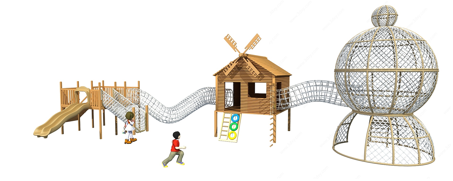 户外木制滑梯儿童游乐设施3D模型