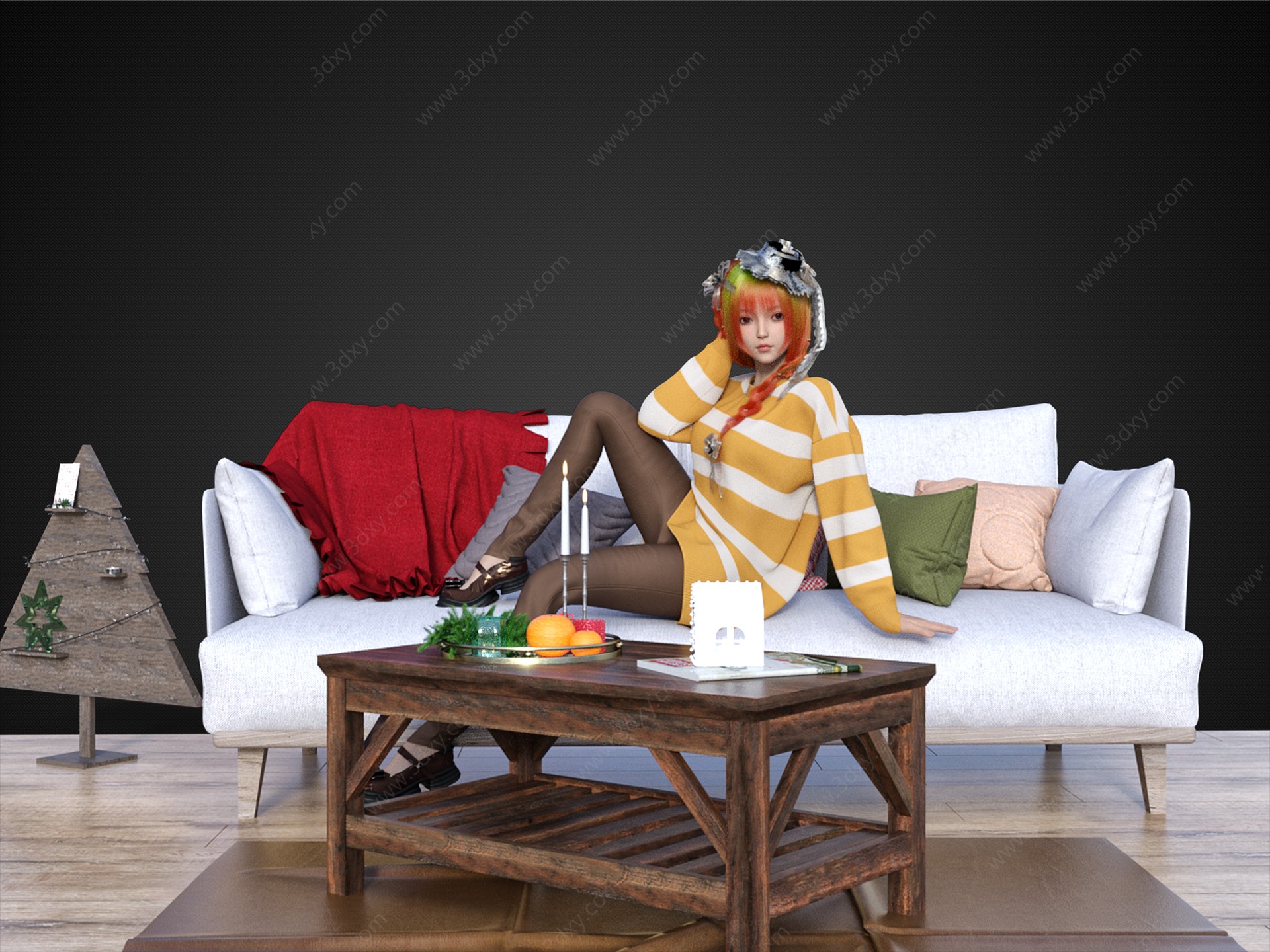 沙发坐姿美女个性美少女3D模型