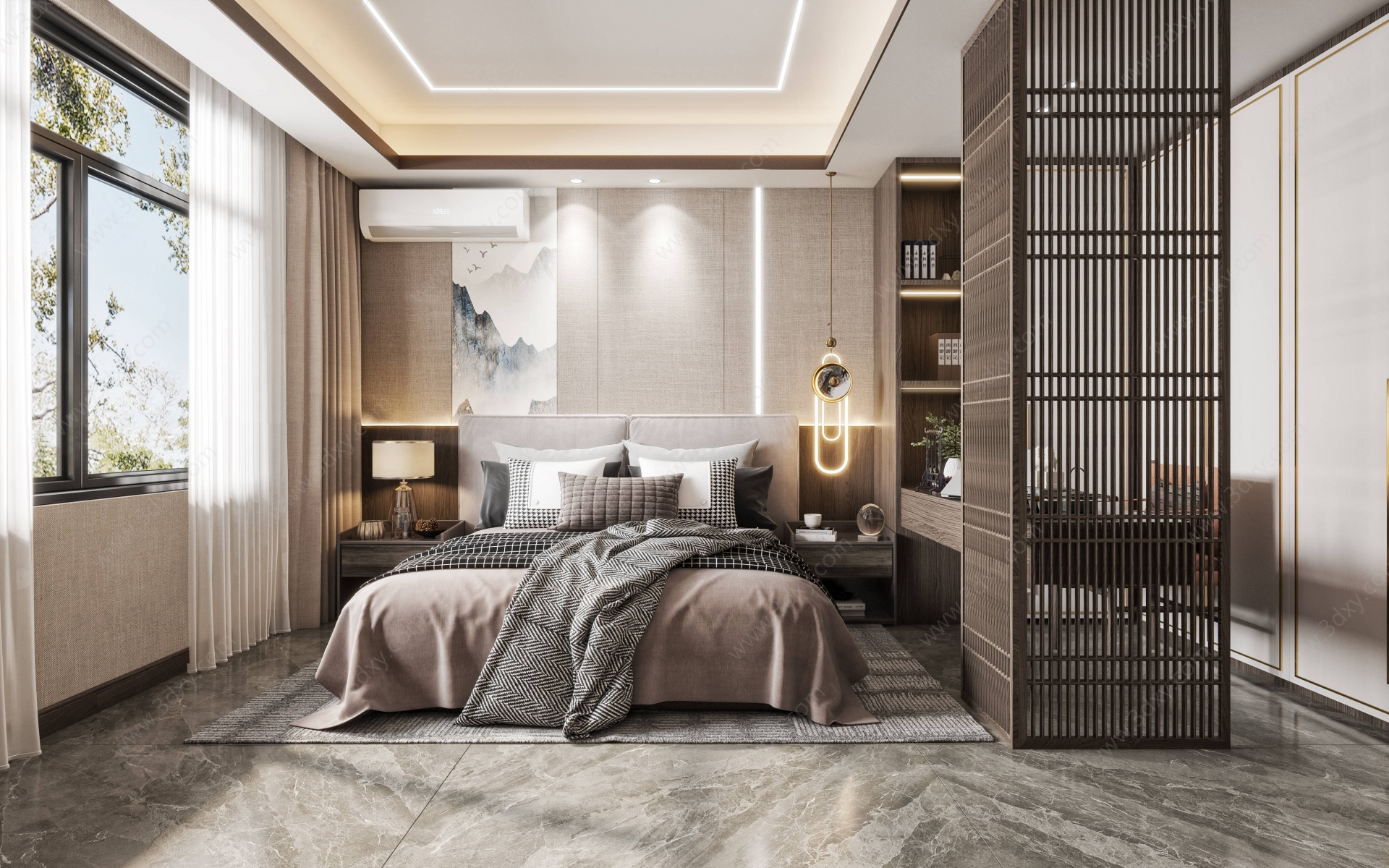 新中式家居淡雅卧室3D模型