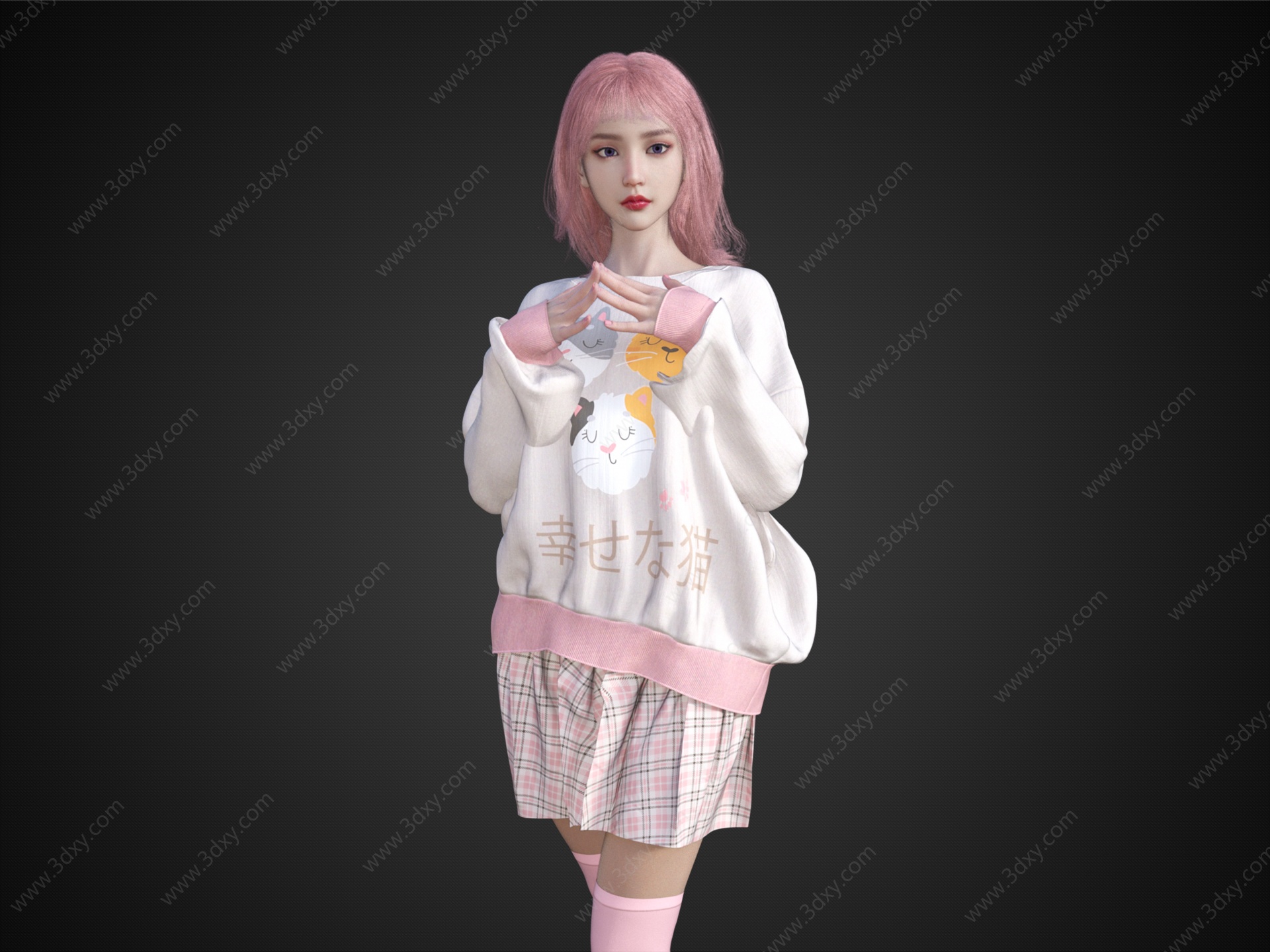 休闲服粉色头发少女女生3D模型