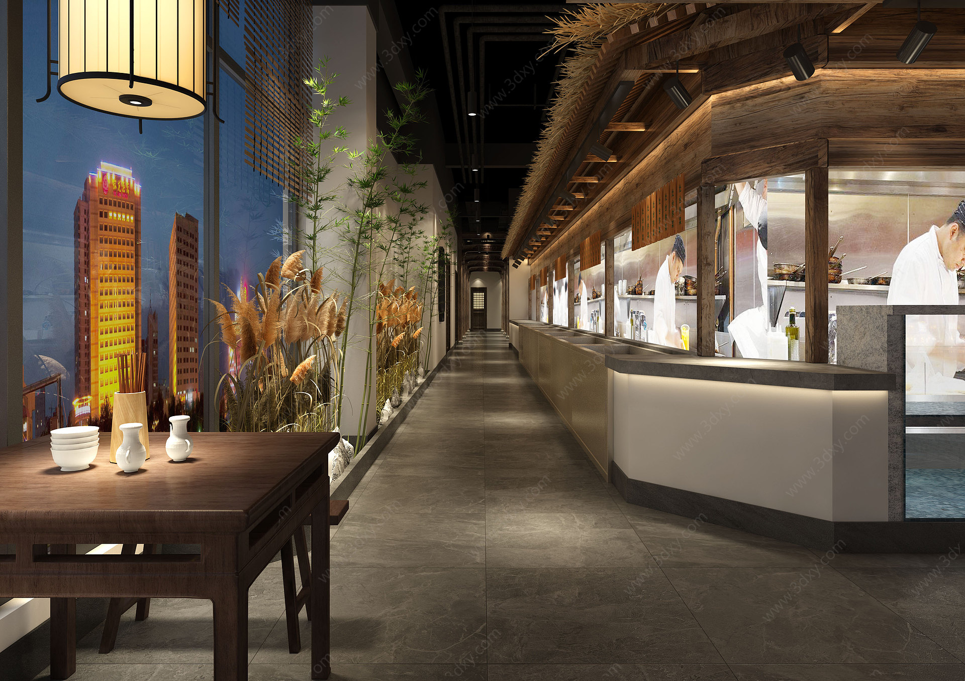 新中式餐饮餐厅酒店过道3D模型