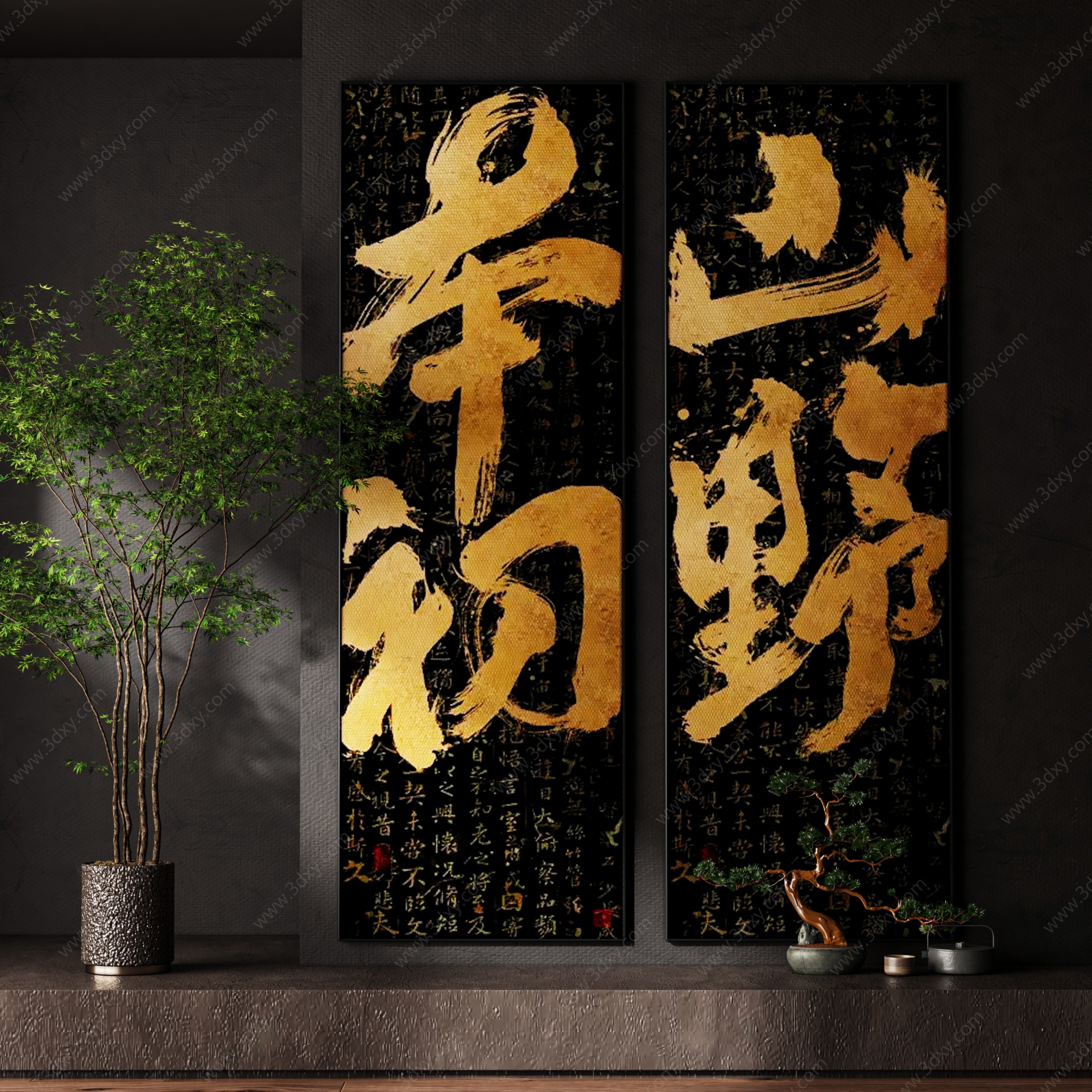 中式禅意侘寂风文字装饰画3D模型