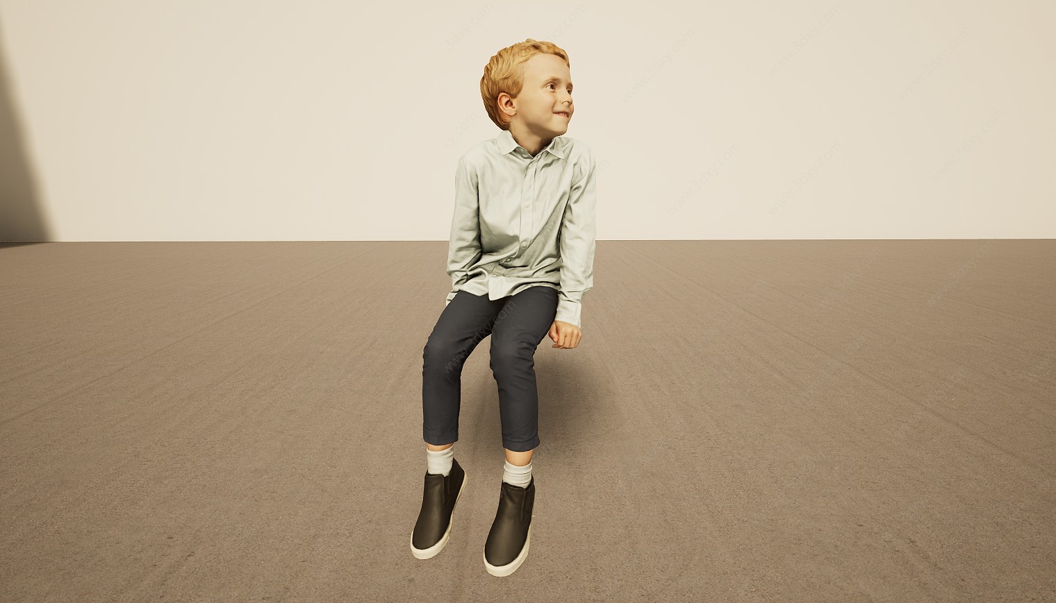 黄头发坐姿小男孩3D模型