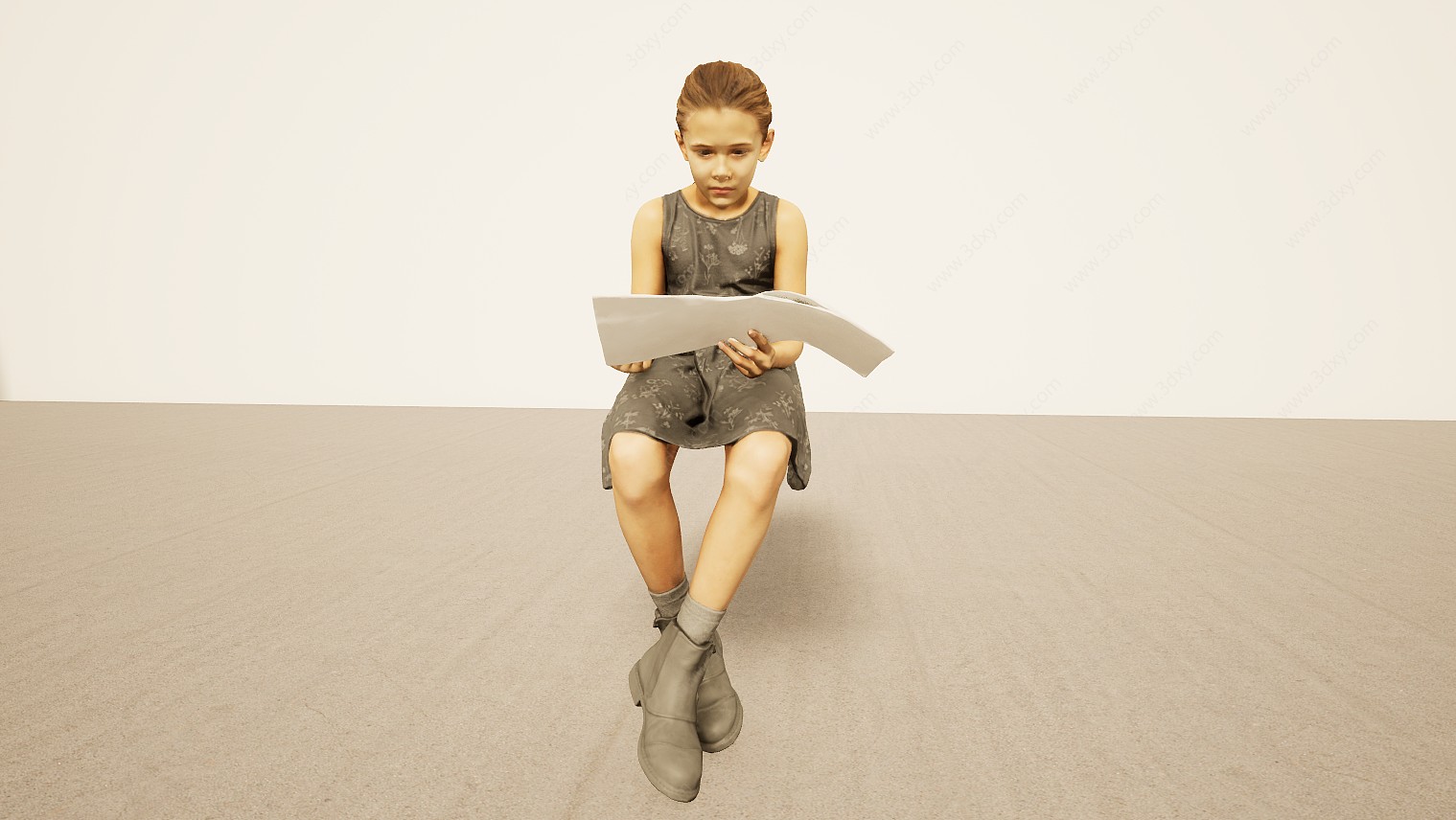 坐姿看书马尾小女孩3D模型