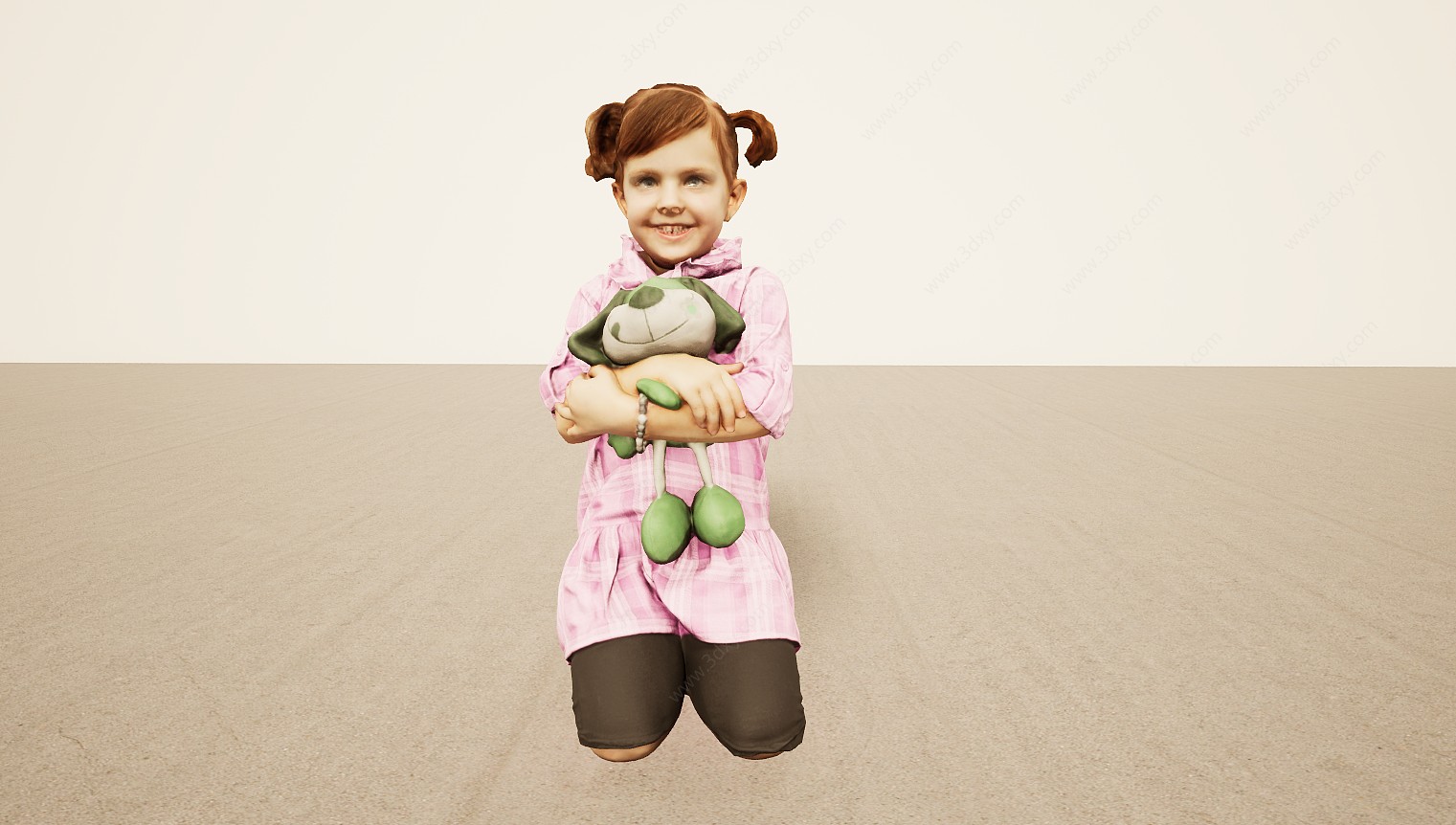 双马尾抱玩偶小女孩3D模型