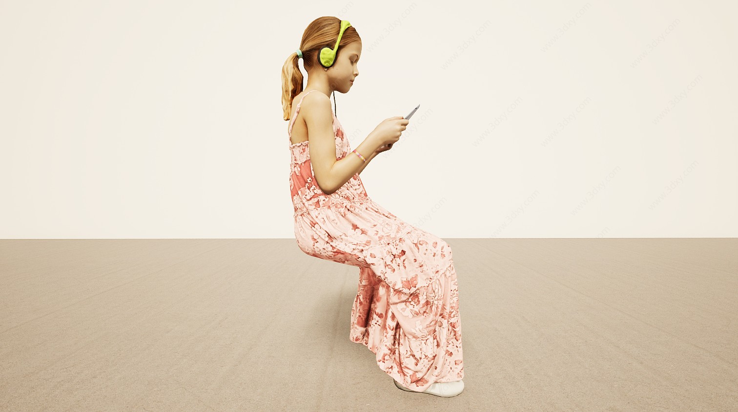 坐姿戴耳机看电脑小女孩3D模型