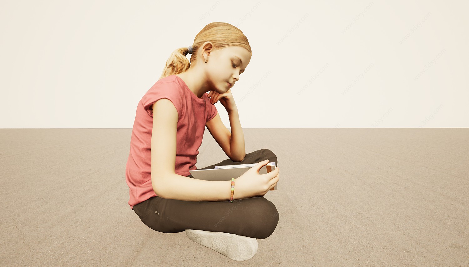坐地板盘腿看书小女孩3D模型