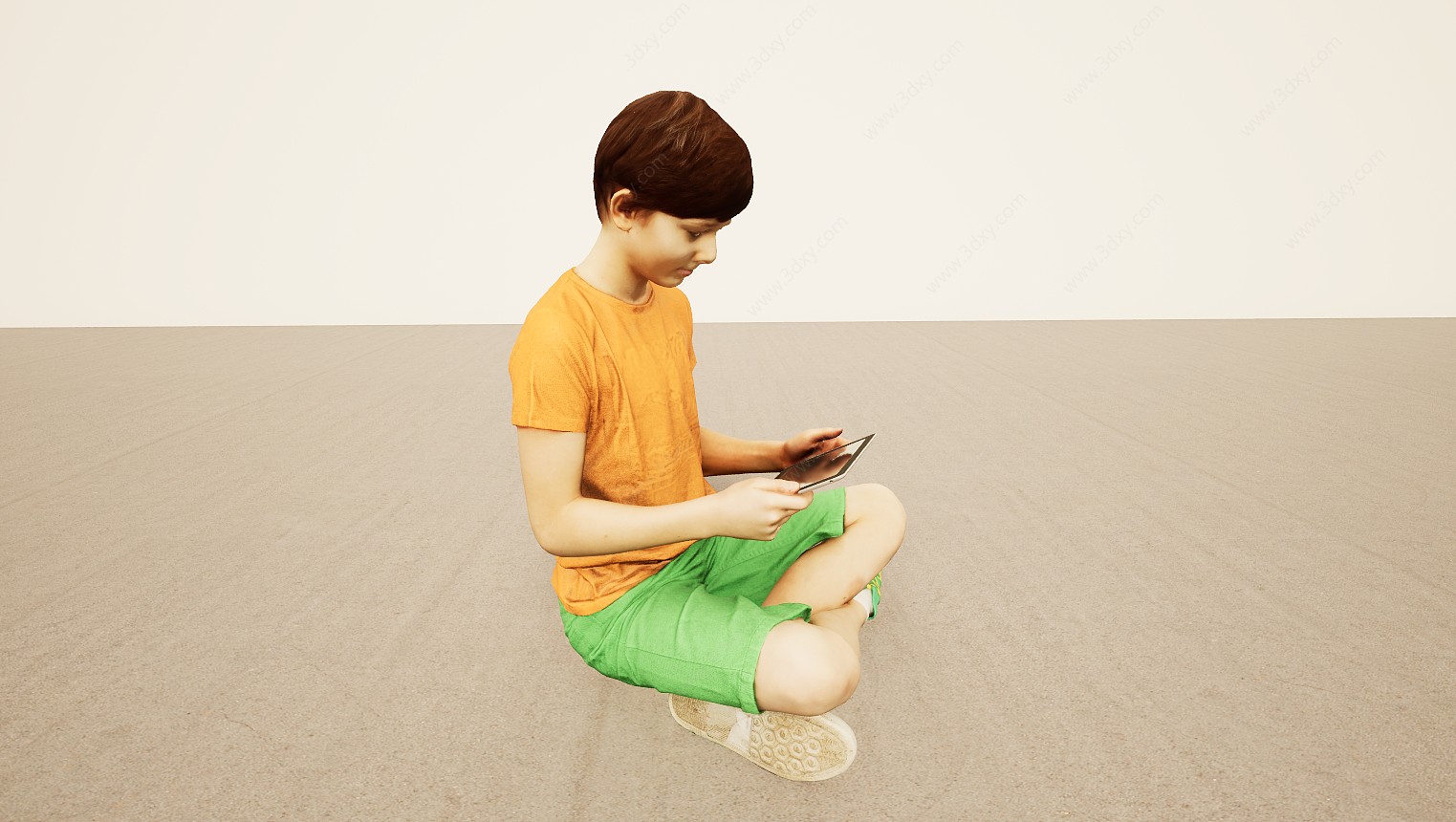 坐地板盘腿玩平板小男孩3D模型