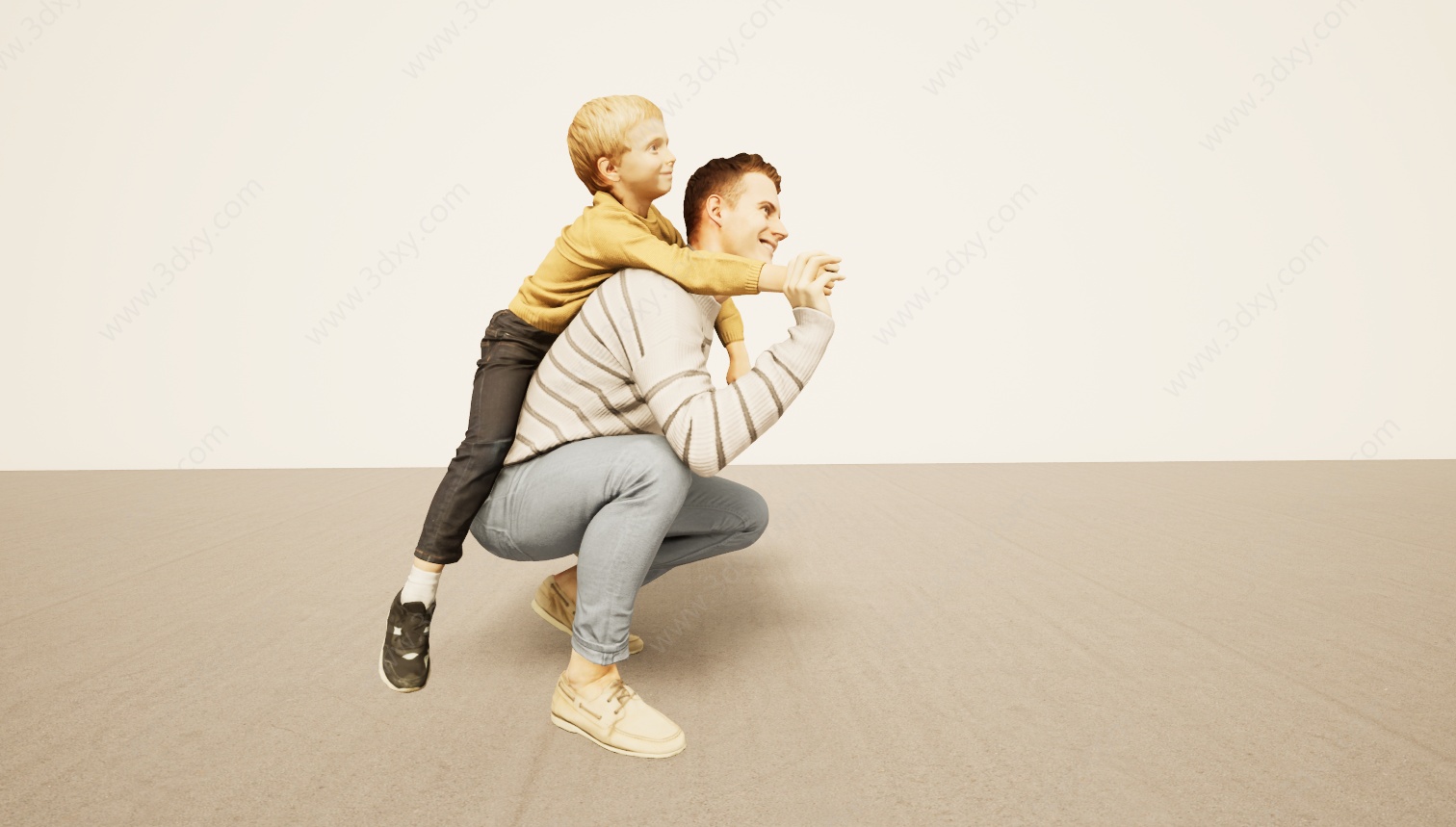 亲子大人爸爸背小男孩3D模型