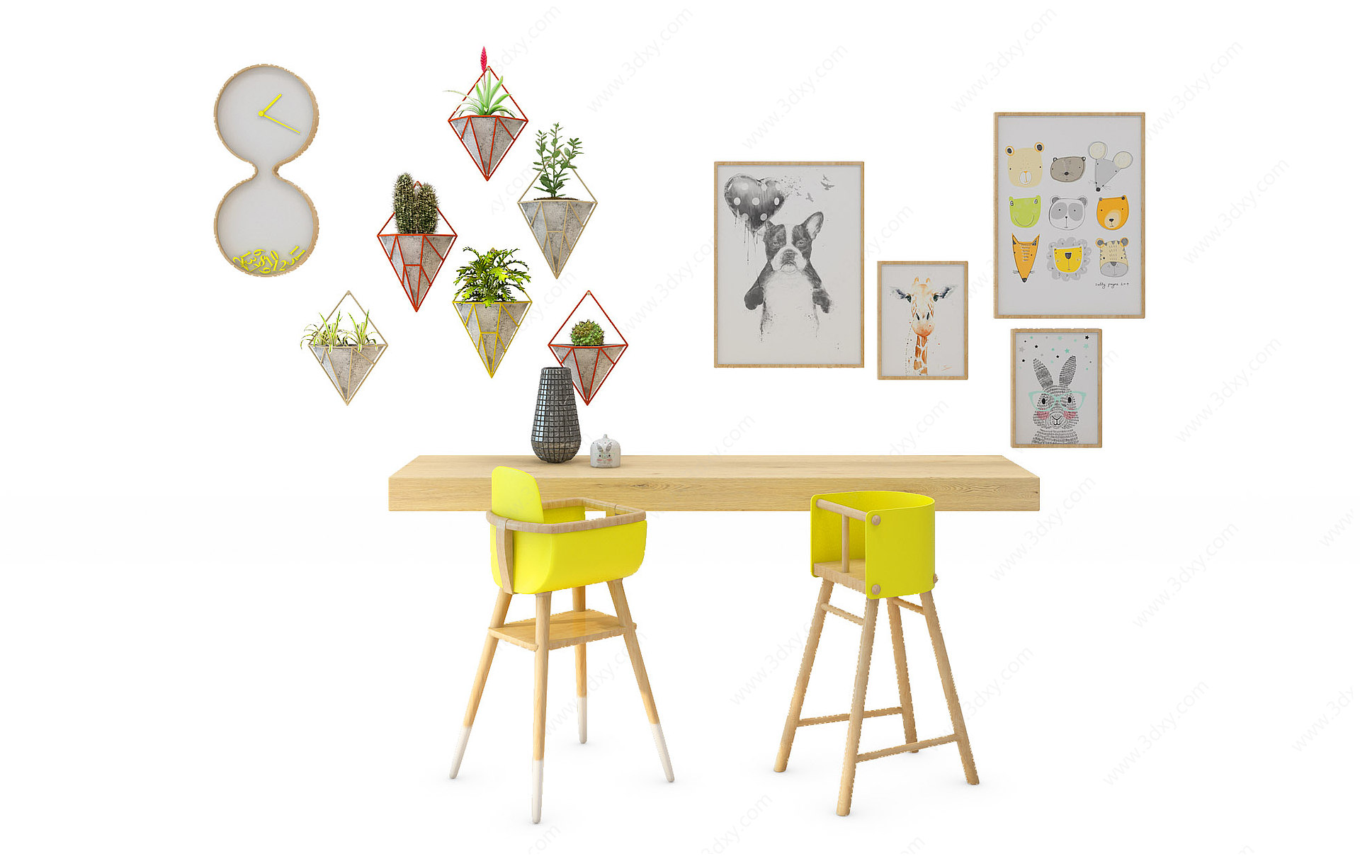 现代儿童餐桌椅装饰植物3D模型