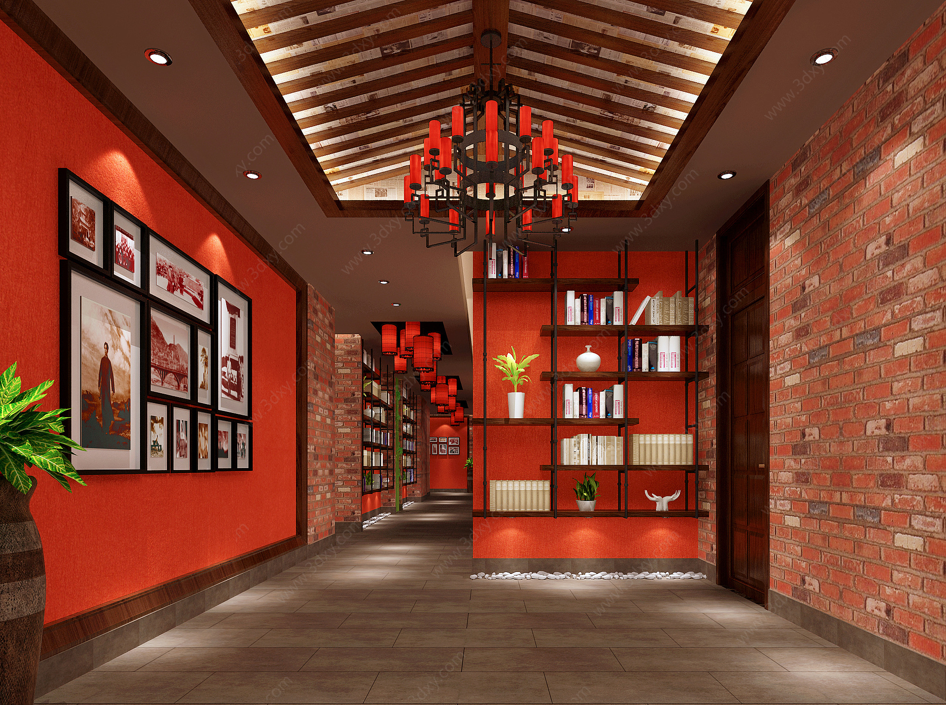 红色主题中式中餐厅过道3D模型