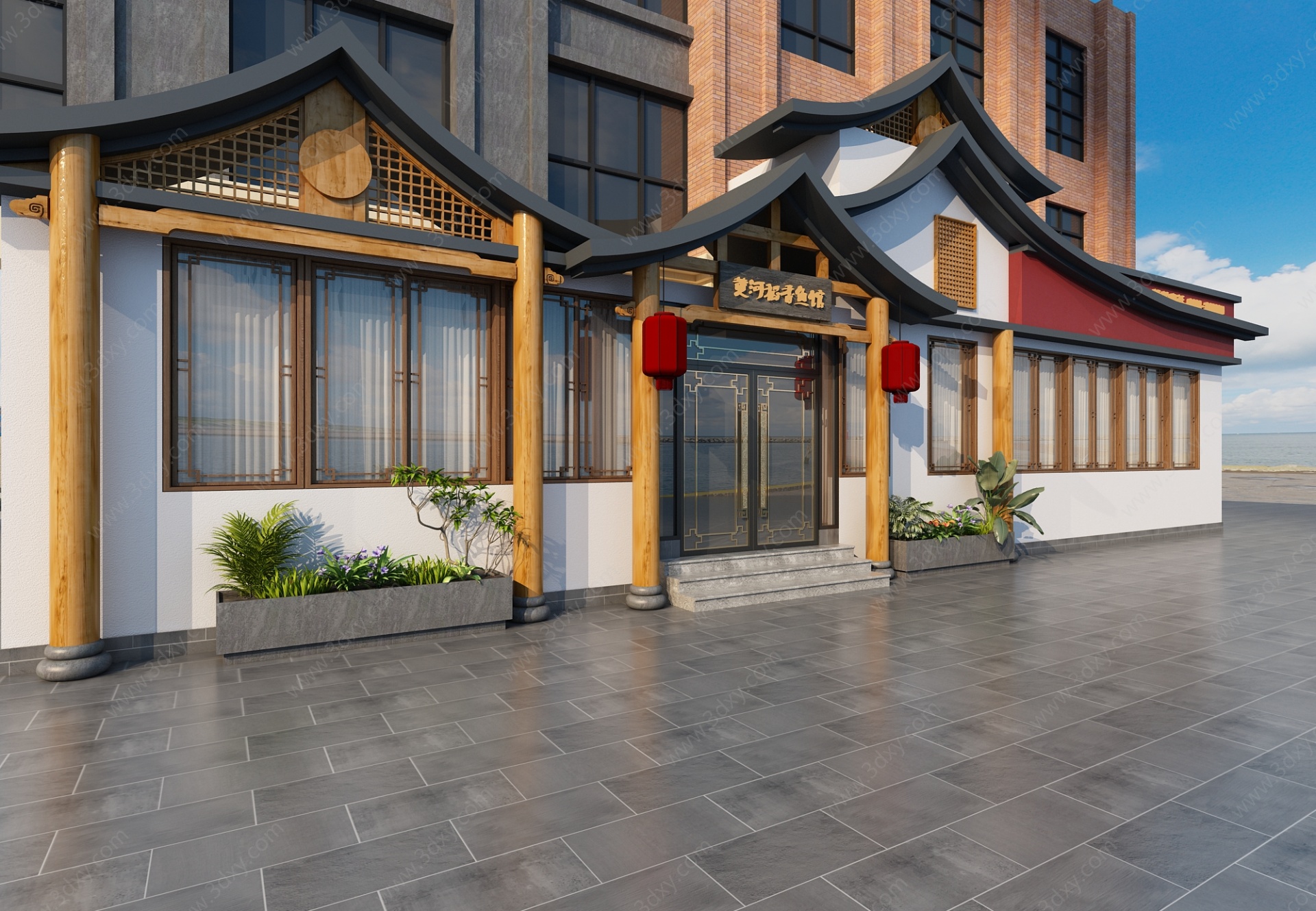 新中式中餐厅门头门3D模型