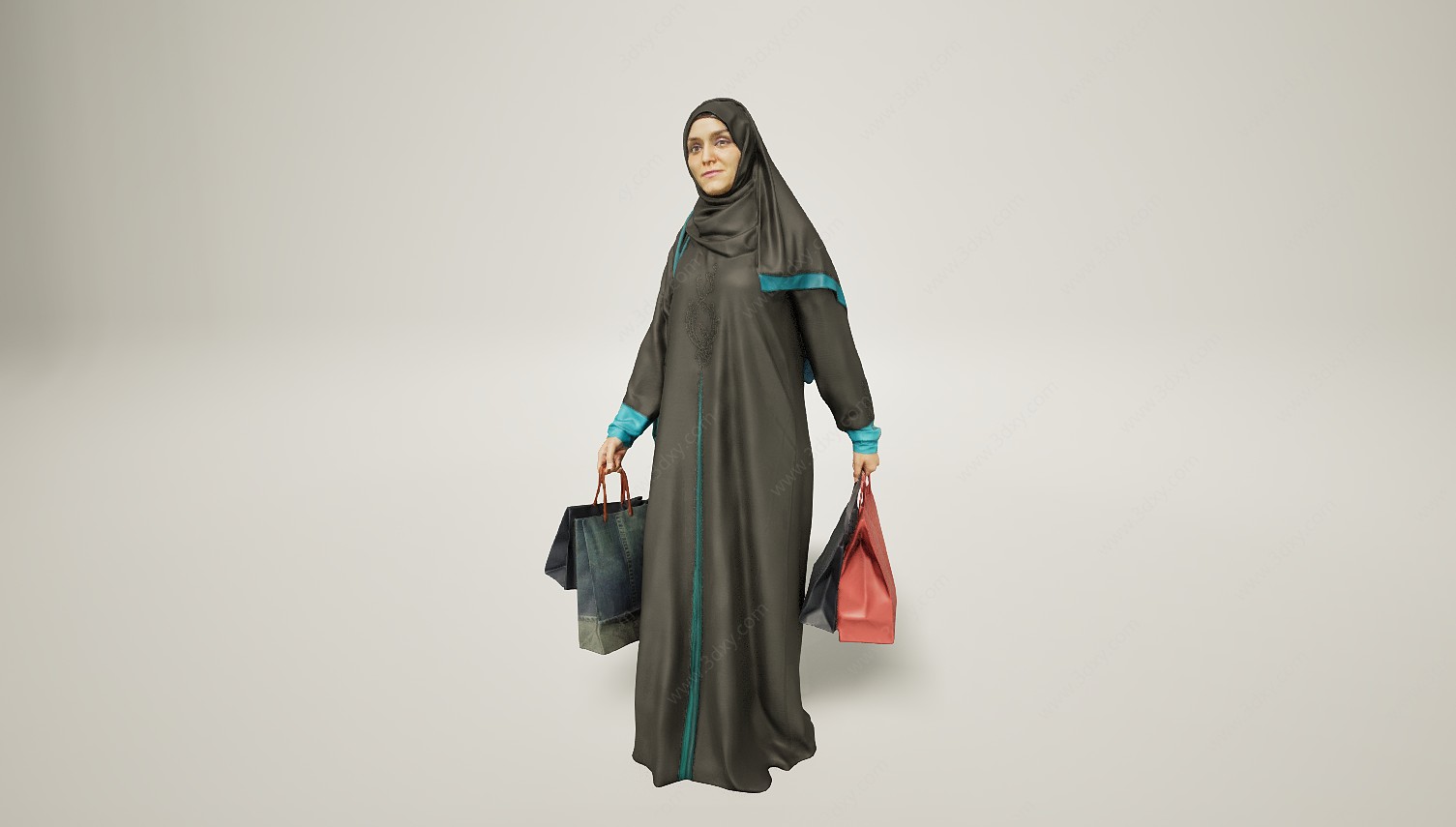 包头纱提购物袋的女人3D模型