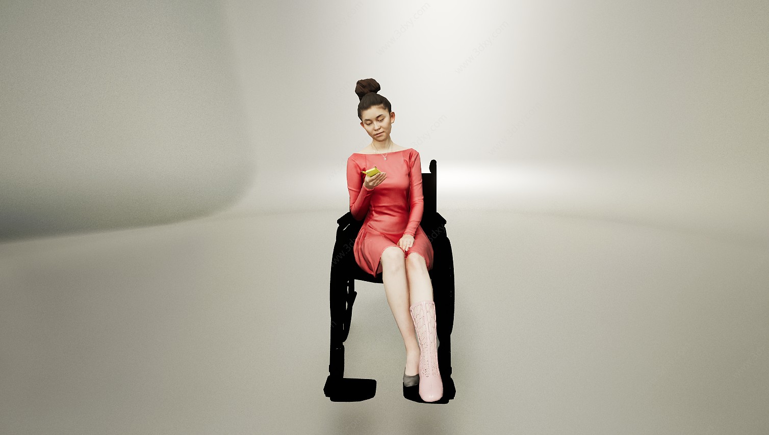 坐姿红色连衣裙看手机女3D模型